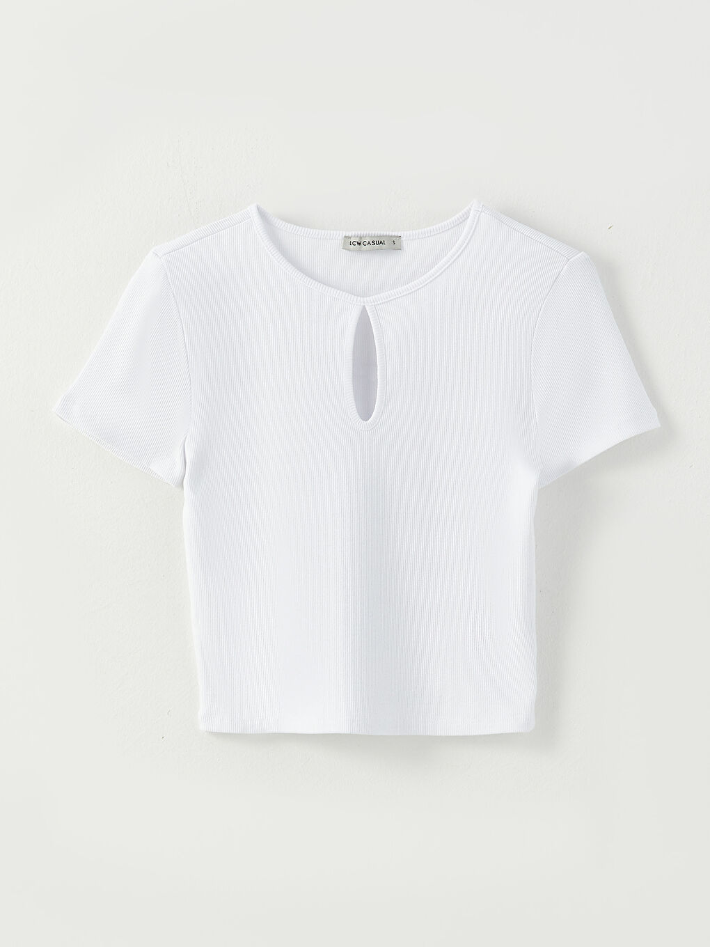 Beyaz Bisiklet Yaka Düz Kısa Kollu Kadın Crop-5