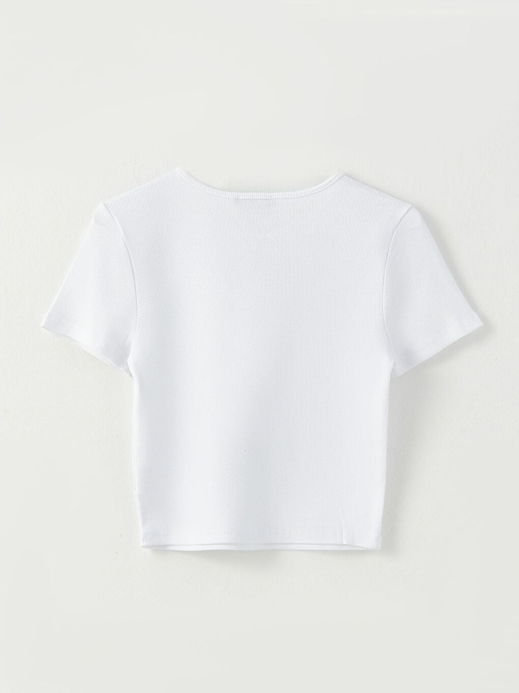 Beyaz Bisiklet Yaka Düz Kısa Kollu Kadın Crop-6
