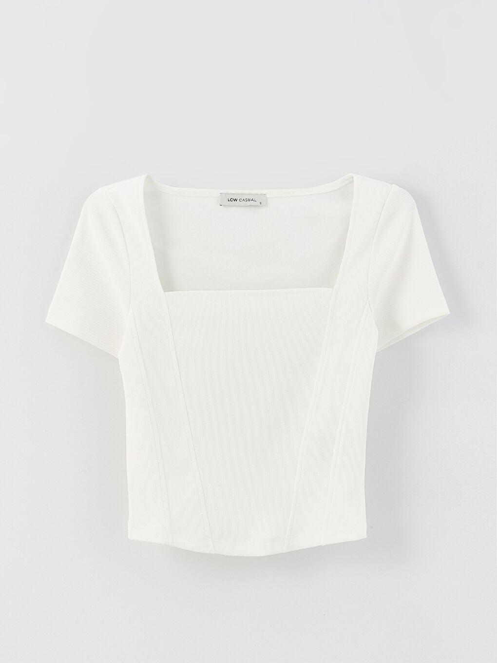 Ekru Kadın Kare Yaka Düz Kısa Kollu Tişört-5