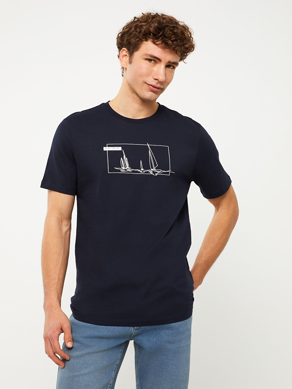 تيشيرت رجالي ياقة دائرية كم قصير مطبوع قطن ممشط