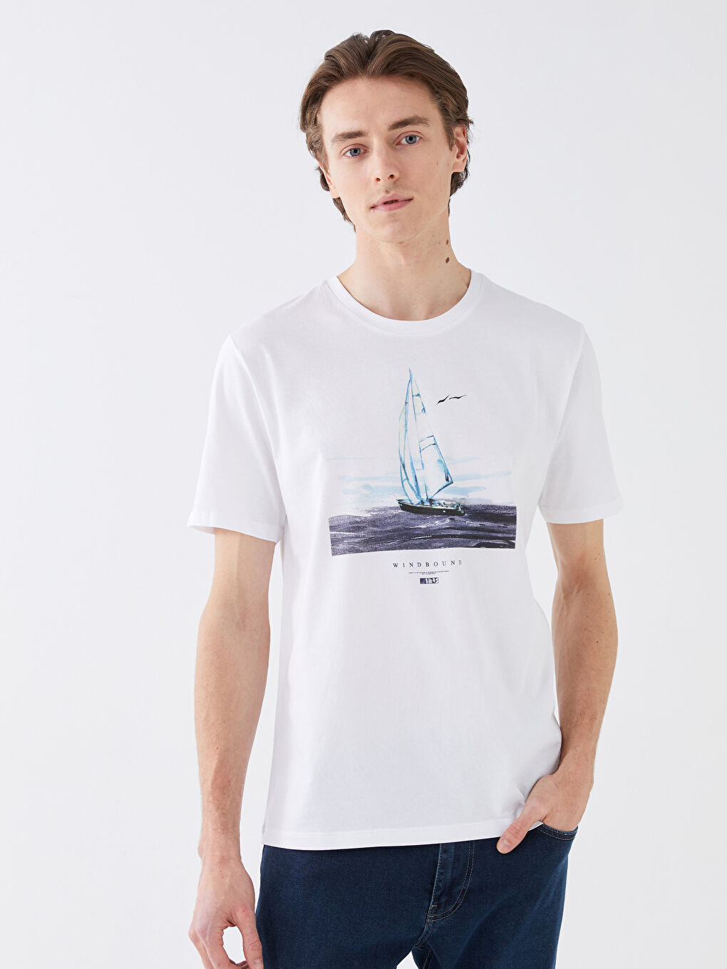 Beyaz Bisiklet Yaka Kısa Kollu Baskılı Penye Erkek Tişört