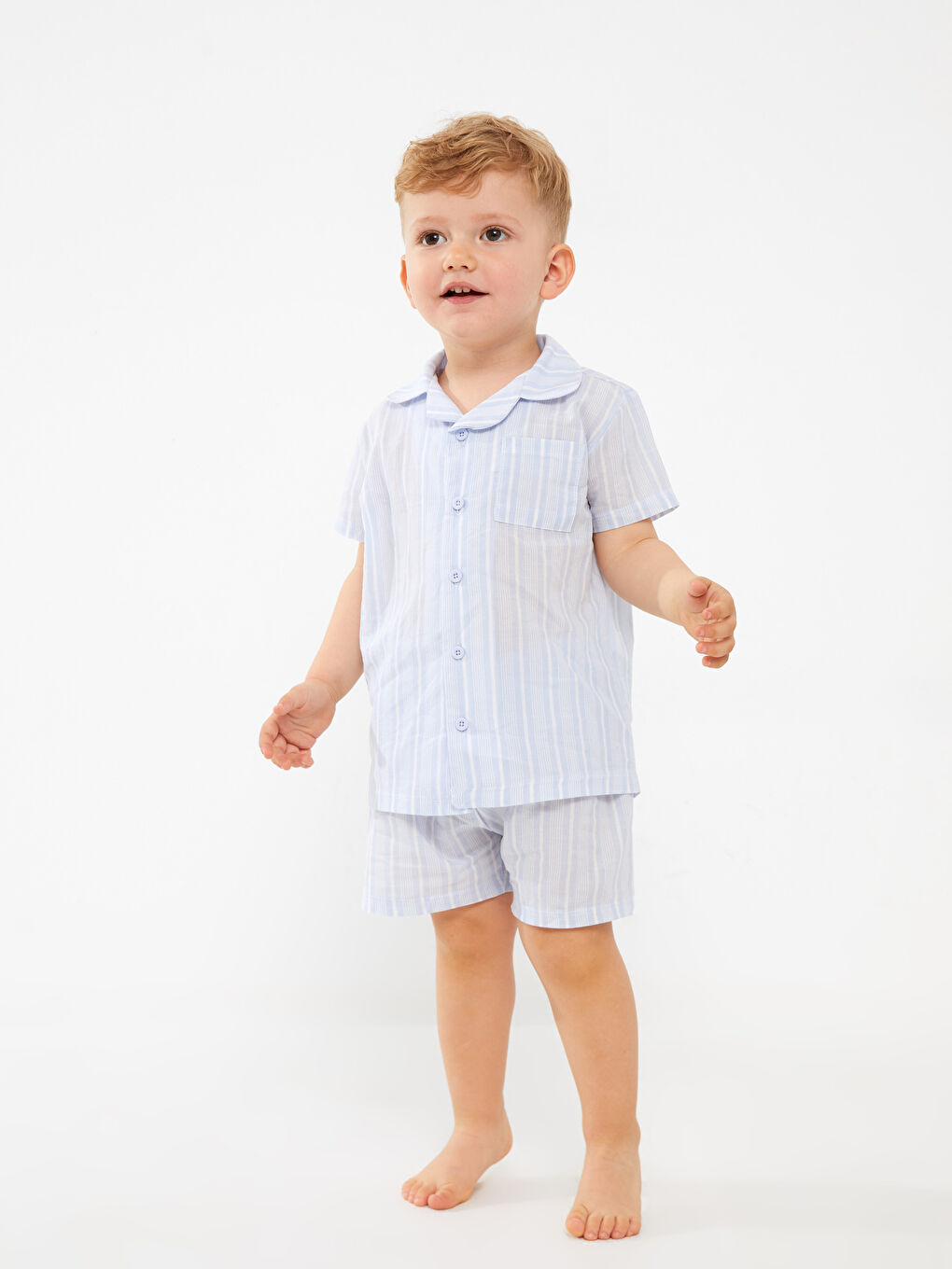 Mavi Gömlek Yaka Kısa Kollu Çizgili Erkek Bebek Pijama Takımı