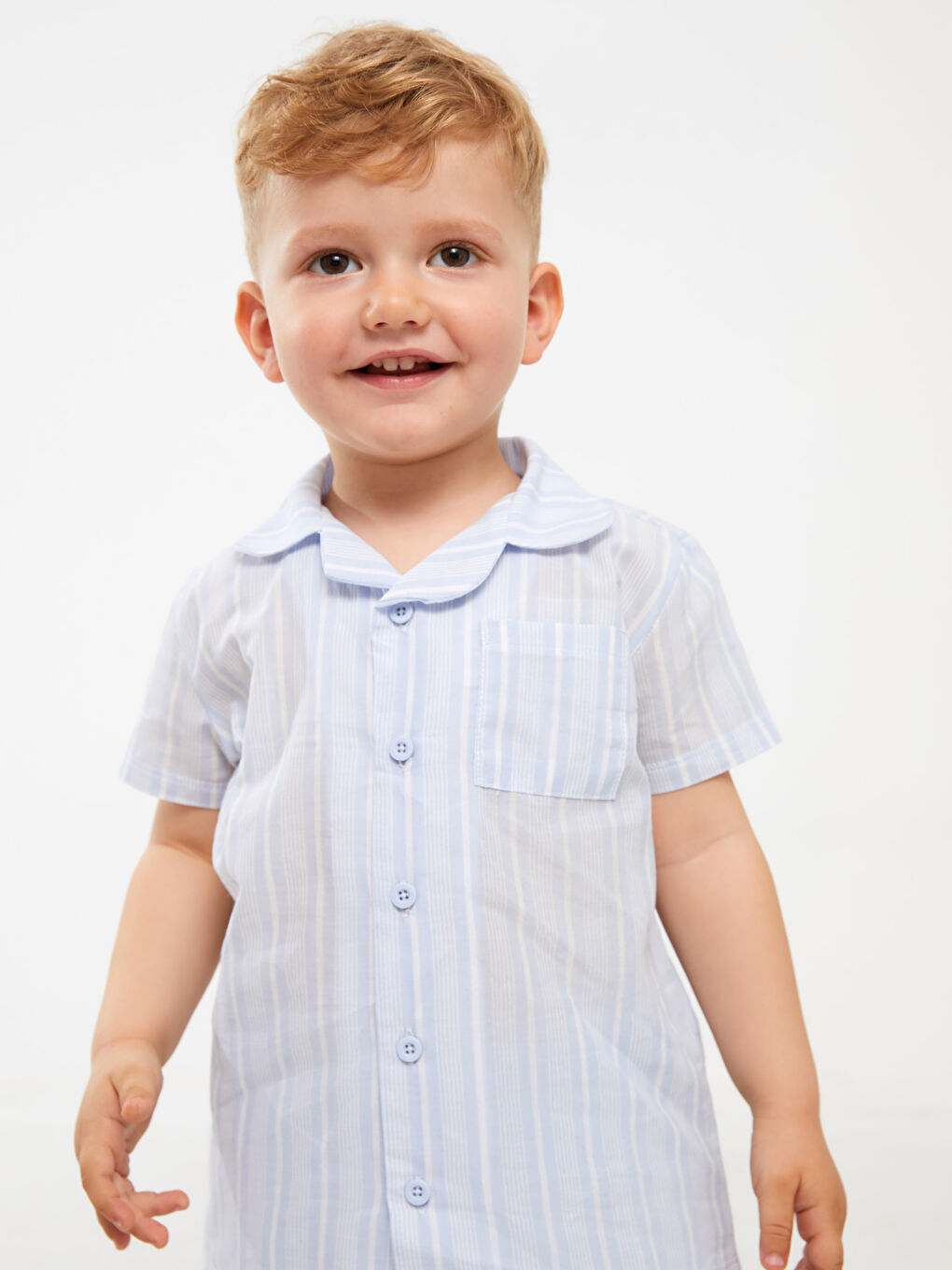 Mavi Gömlek Yaka Kısa Kollu Çizgili Erkek Bebek Pijama Takımı-1