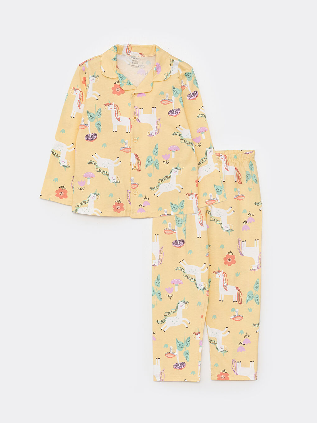 Sarı Polo Yaka Uzun Kollu Baskılı Pamuklu Kız Bebek Pijama Takımı