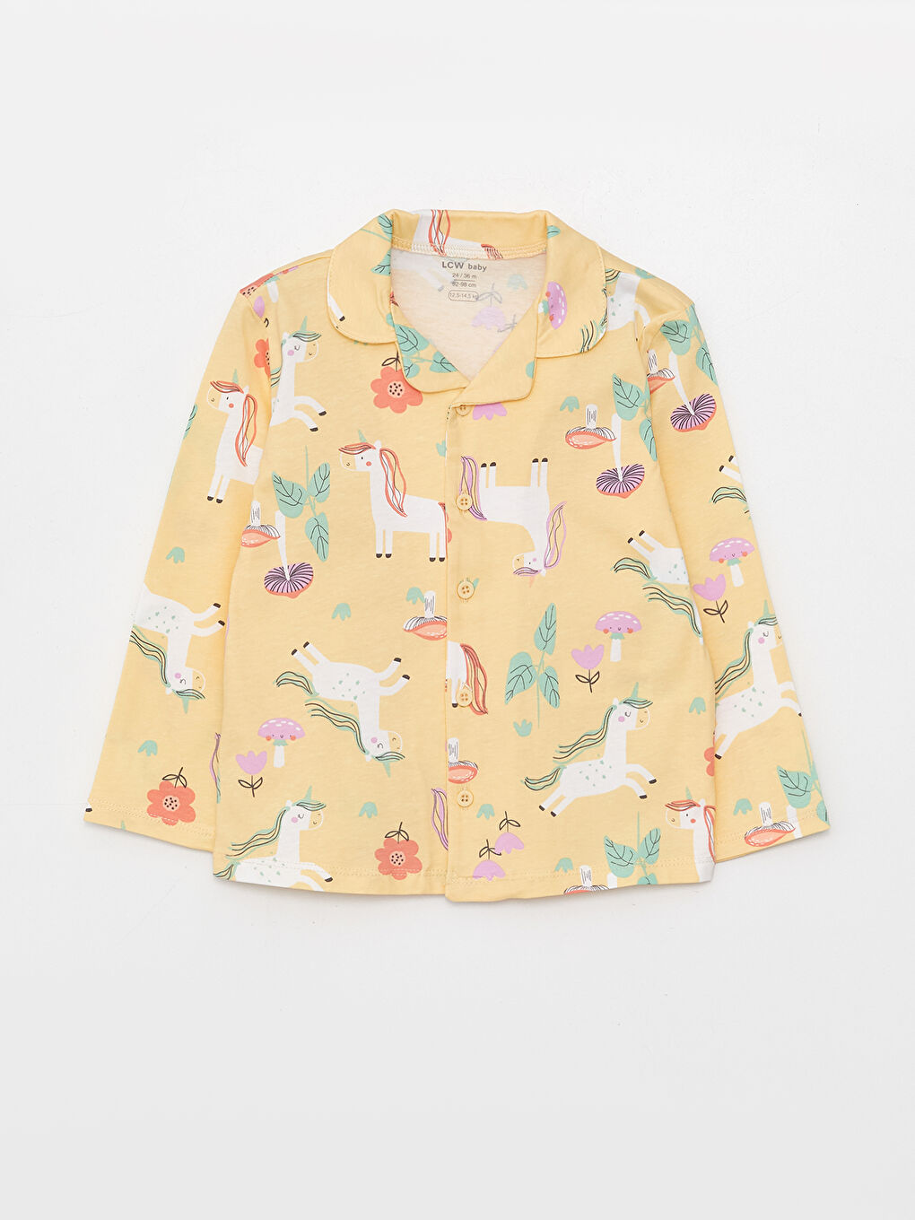 Sarı Polo Yaka Uzun Kollu Baskılı Pamuklu Kız Bebek Pijama Takımı-1