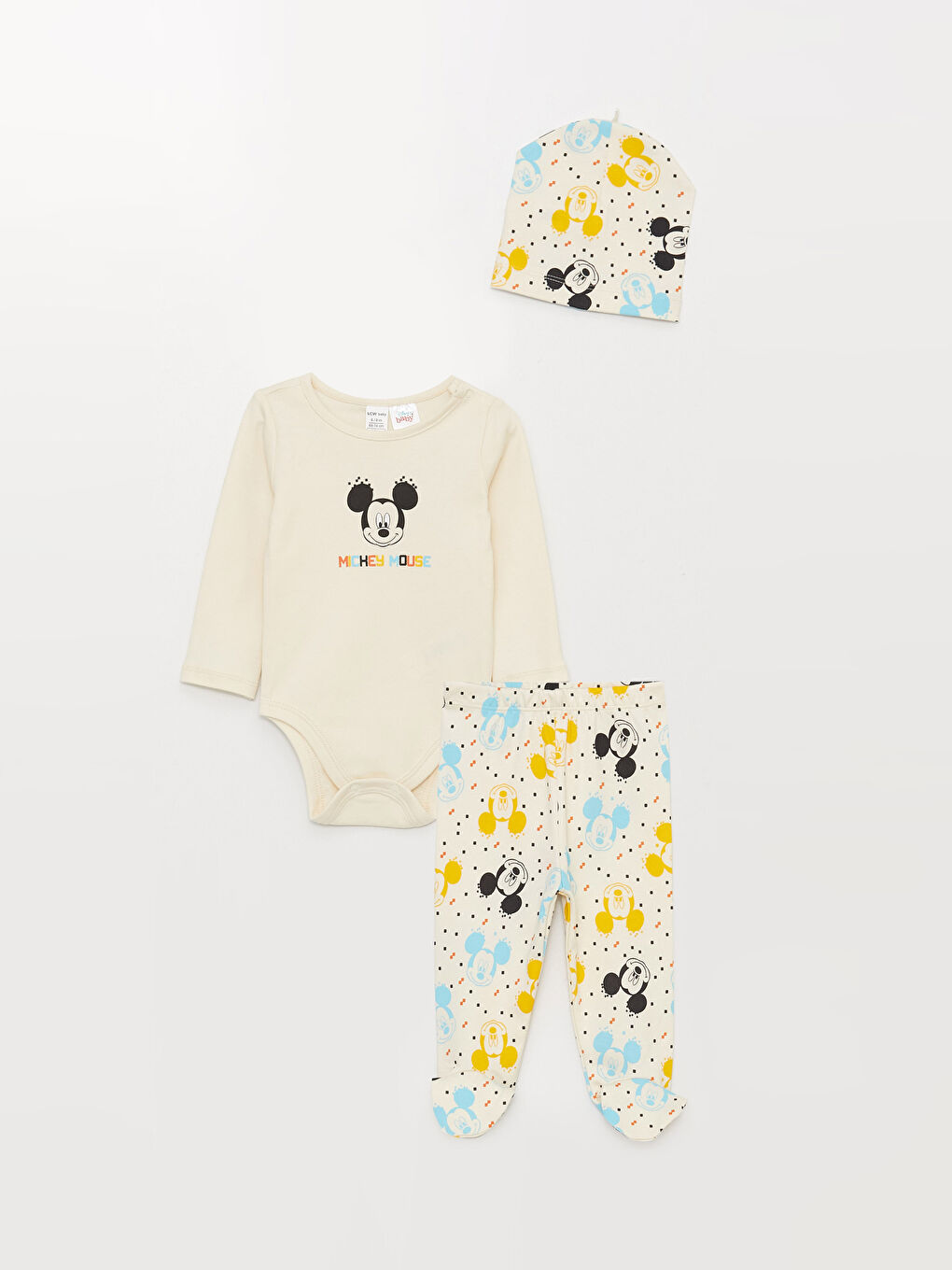 Ekru Bisiklet Yaka Uzun Kollu Mickey Mouse Baskılı Erkek Bebek Çıtçıtlı Bodysuit 3'lü Takım
