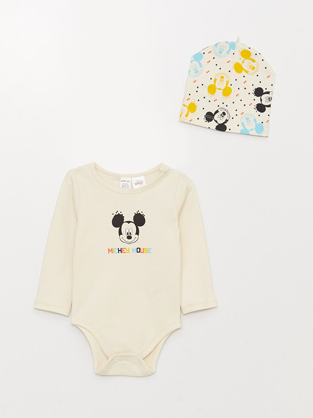 Ekru Bisiklet Yaka Uzun Kollu Mickey Mouse Baskılı Erkek Bebek Çıtçıtlı Bodysuit 3'lü Takım-1
