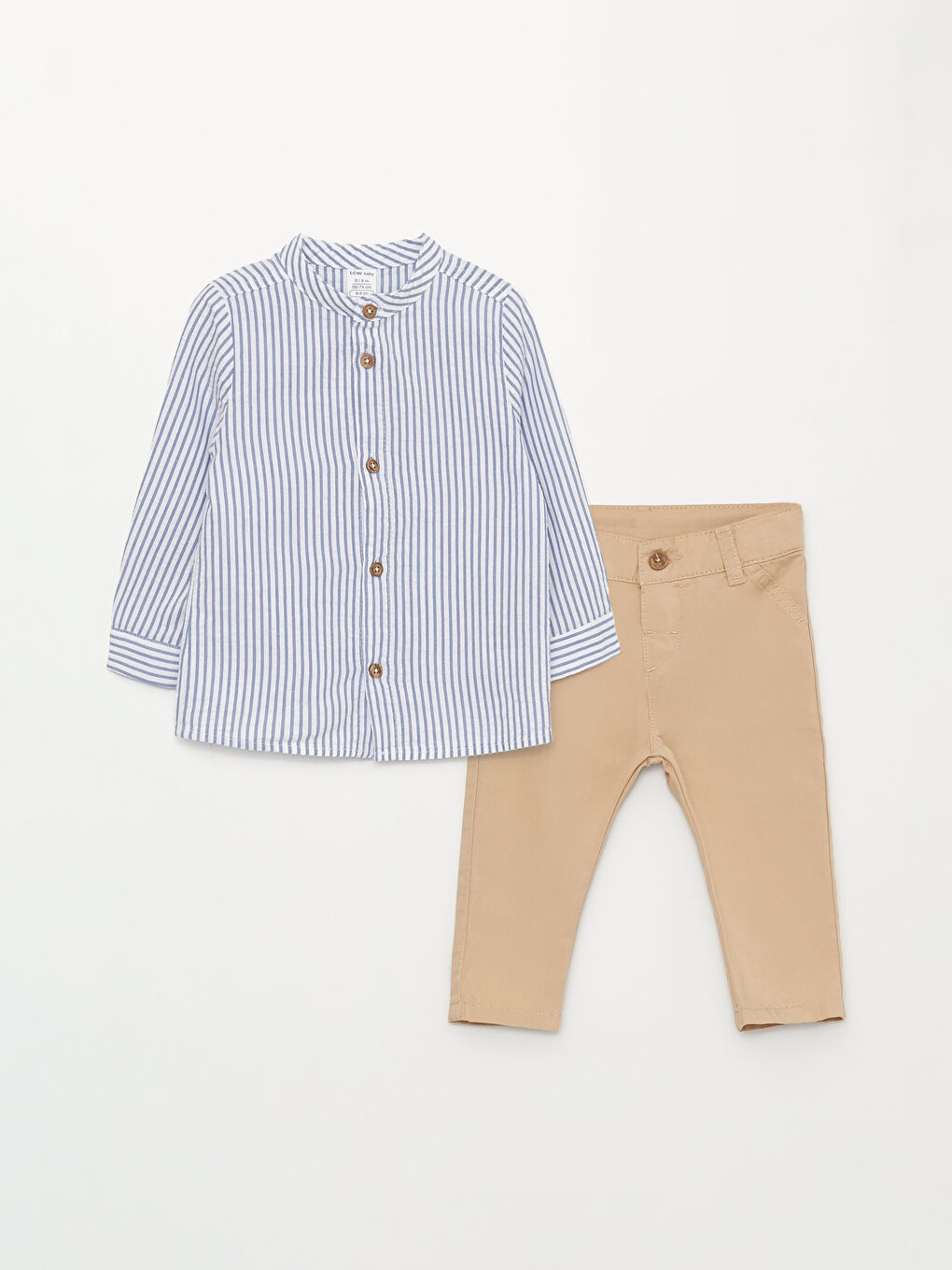 Тік жағалы ұзын жең жолақты ұл бала жейдесі мен шалбары 2 данадан тұратын жинақ