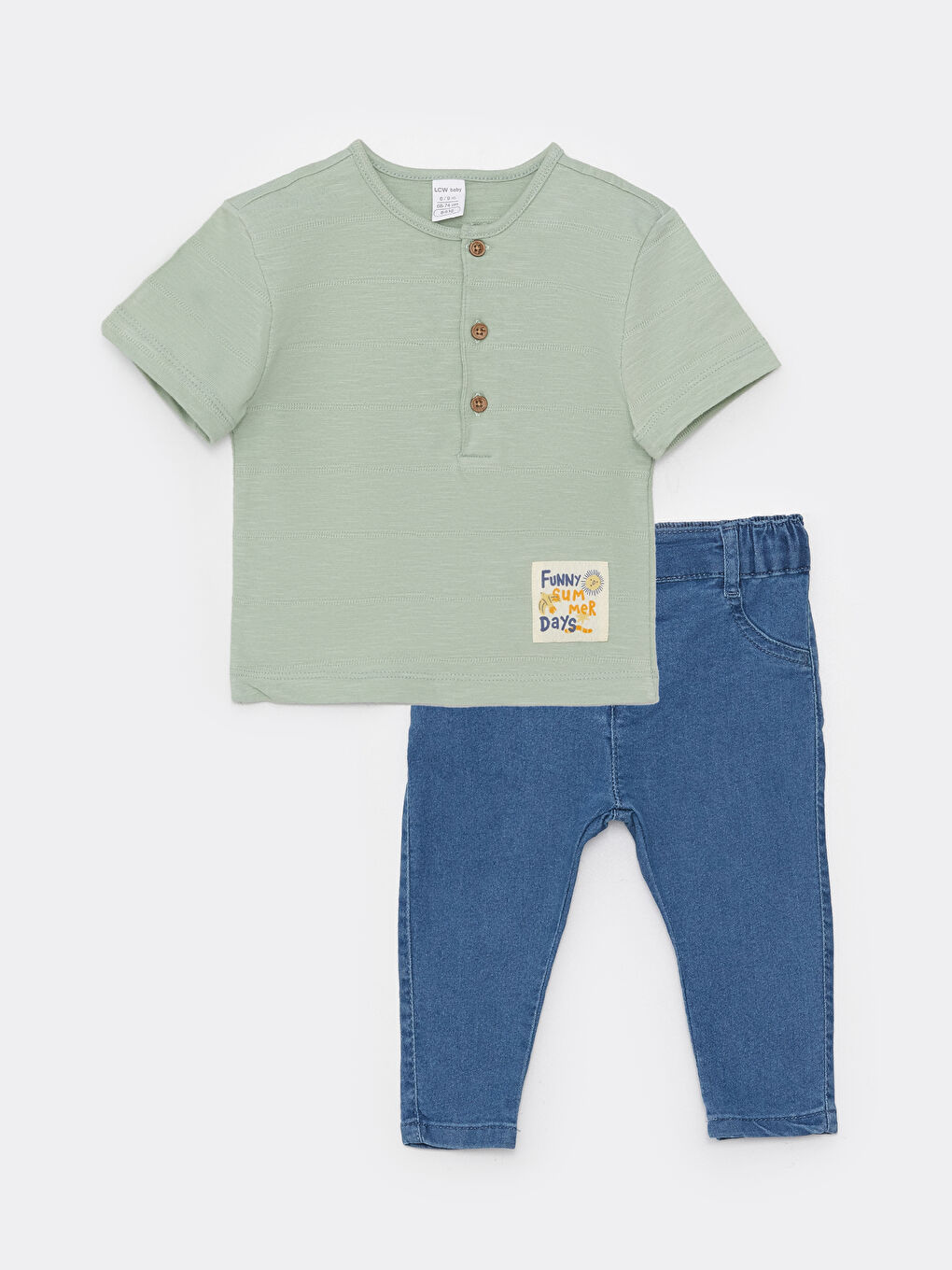 Yeşil Bisiklet Yaka Kısa Kollu Erkek Bebek Tişört ve Jean Pantolon 2'li Takım
