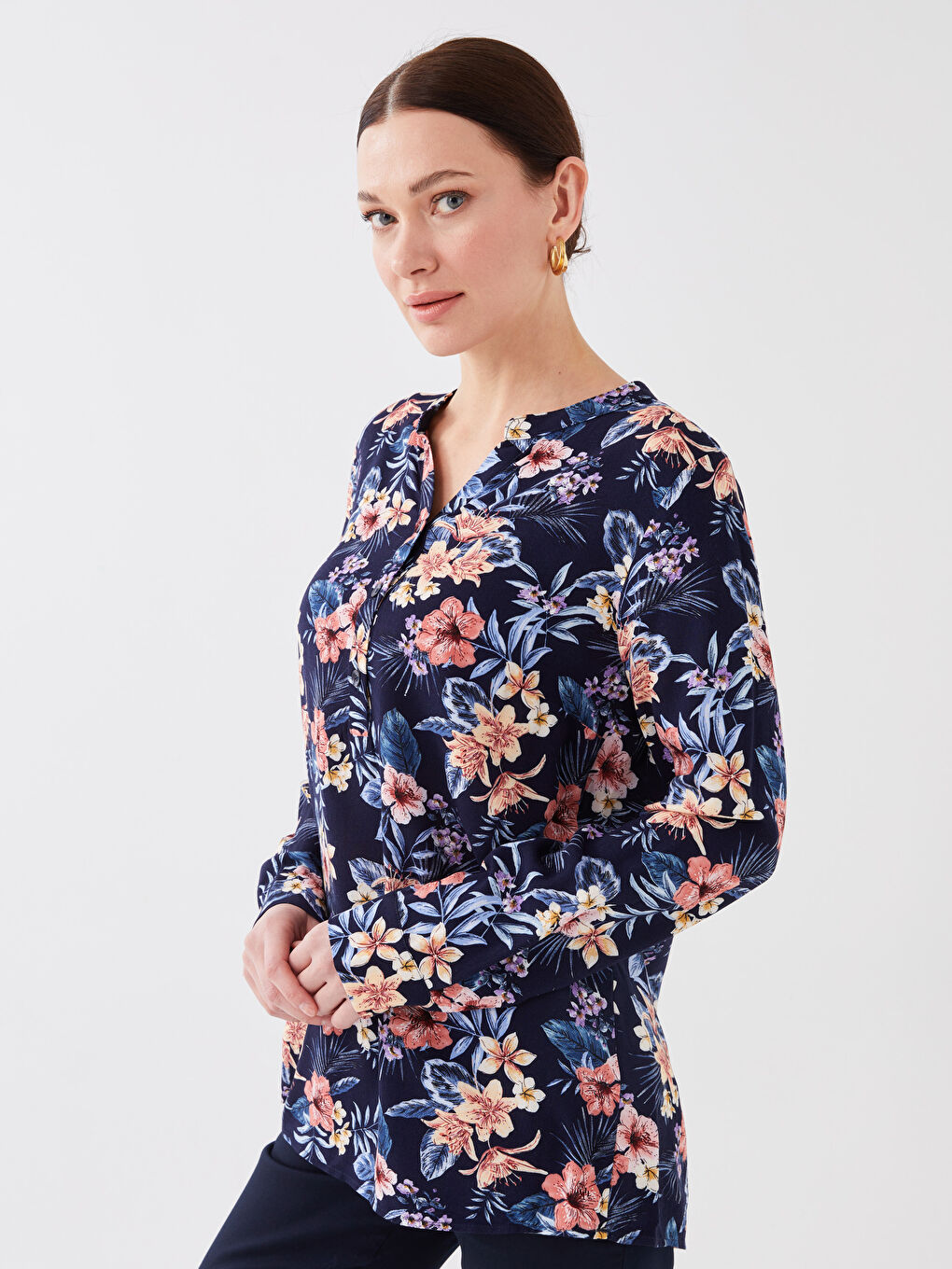 Bluză pentru Femei cu Guler Decolteu în V, Imprimat Floral și Mânecă Lungă