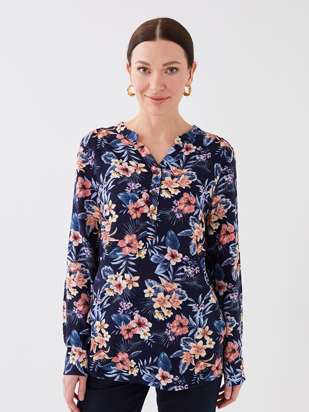 Bluză pentru Femei cu Guler Decolteu în V, Imprimat Floral și Mânecă Lungă-1