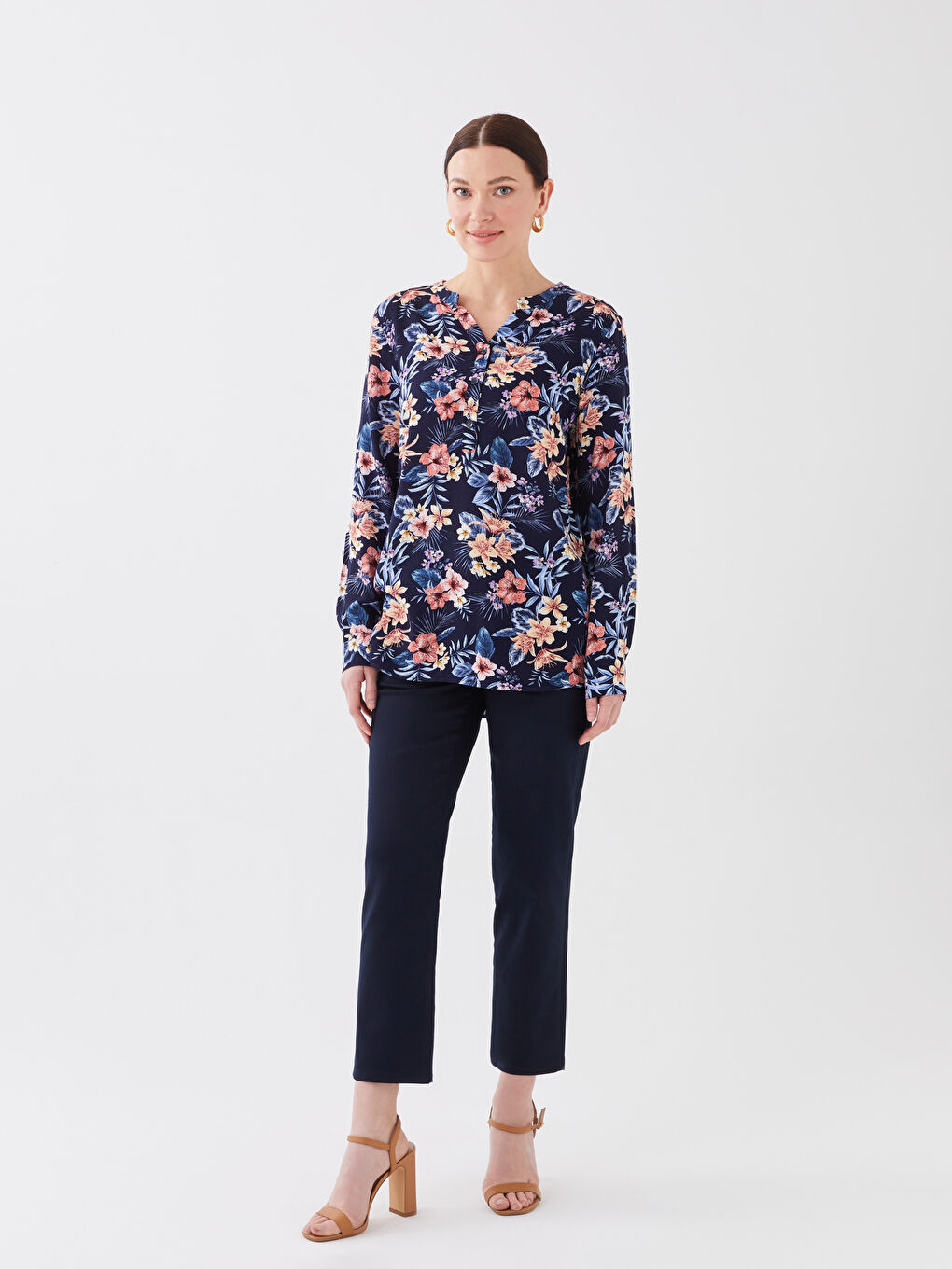 Bluză pentru Femei cu Guler Decolteu în V, Imprimat Floral și Mânecă Lungă-2