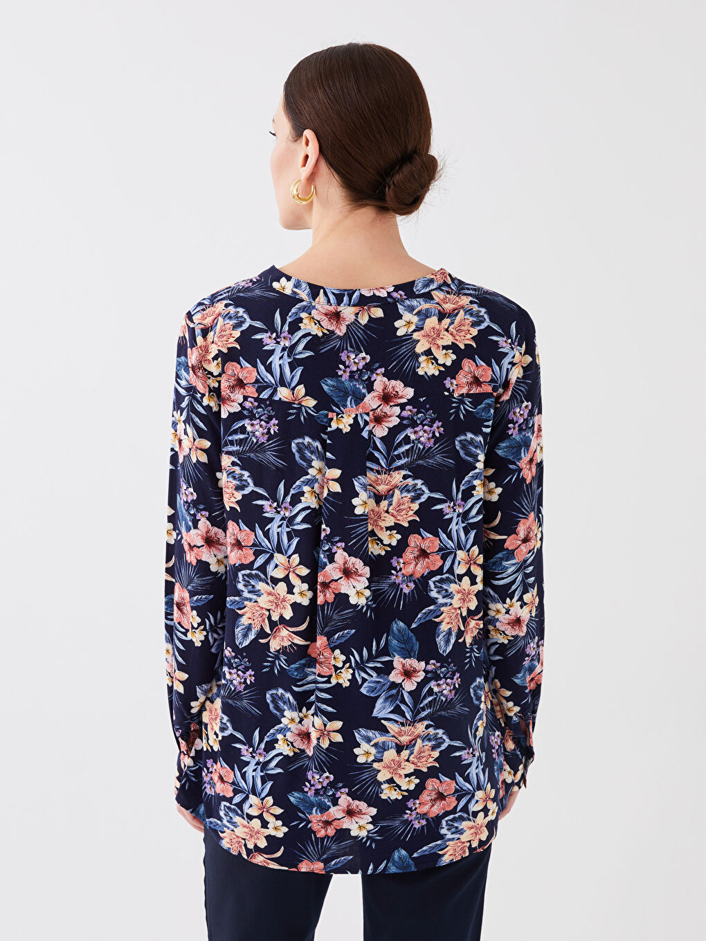 Bluză pentru Femei cu Guler Decolteu în V, Imprimat Floral și Mânecă Lungă-4