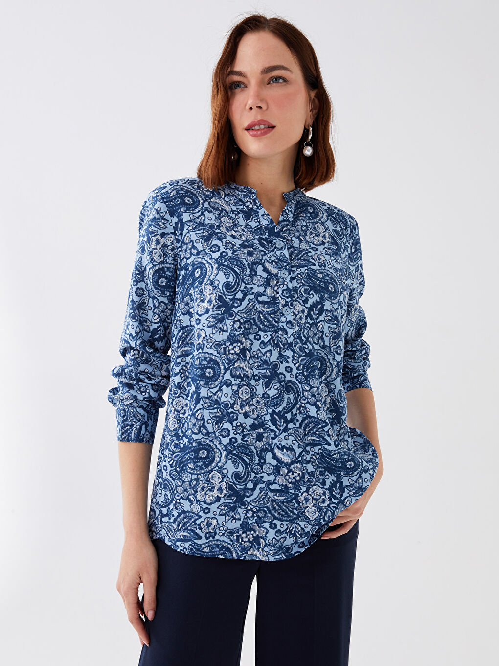LCW Grace Kerbausschnitt Gemusterte Langarm Damenbluse -S38958Z8-LSG