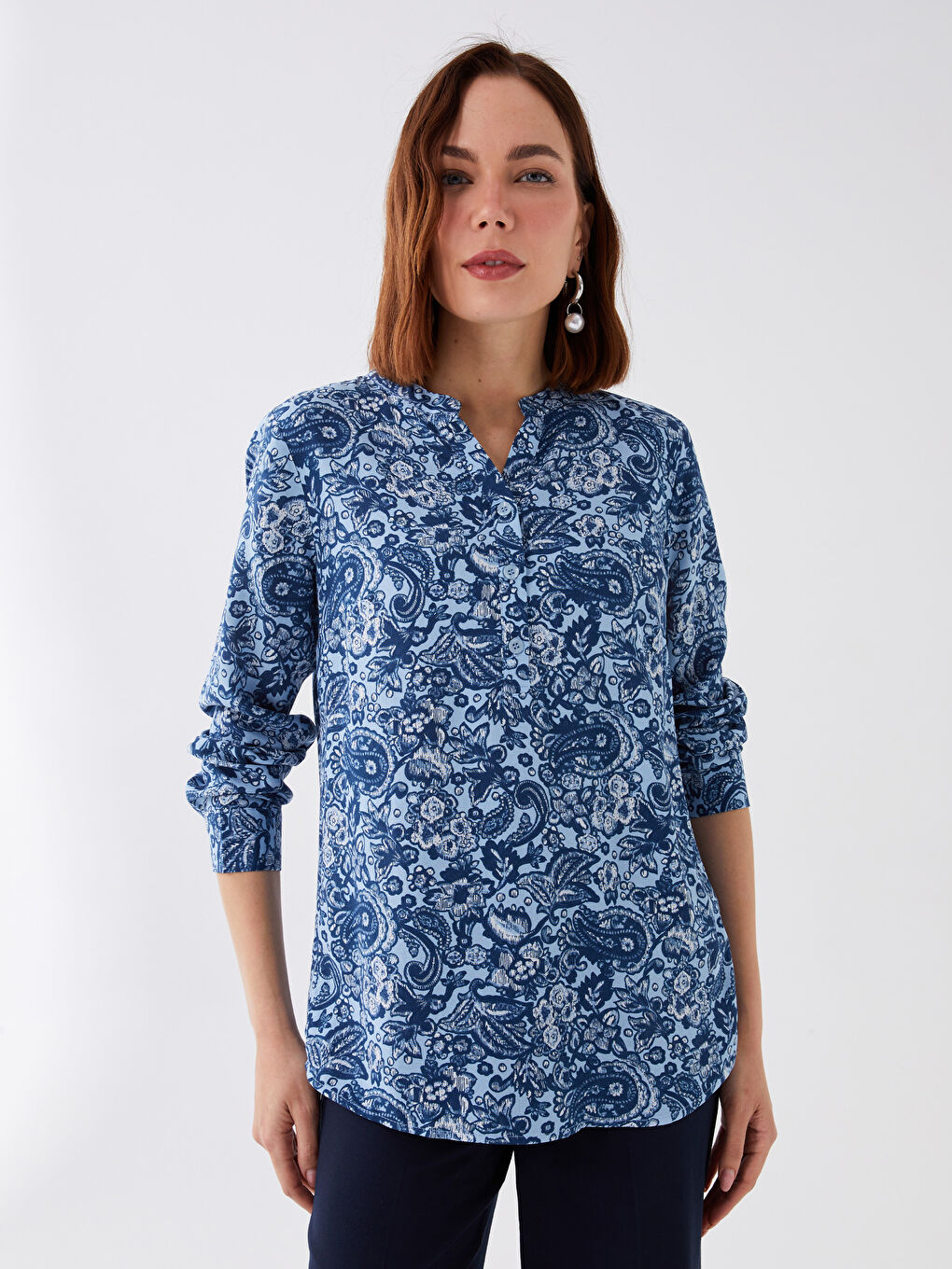 LCW Grace Kerbausschnitt Gemusterte Langarm Damenbluse -S38958Z8-LSG