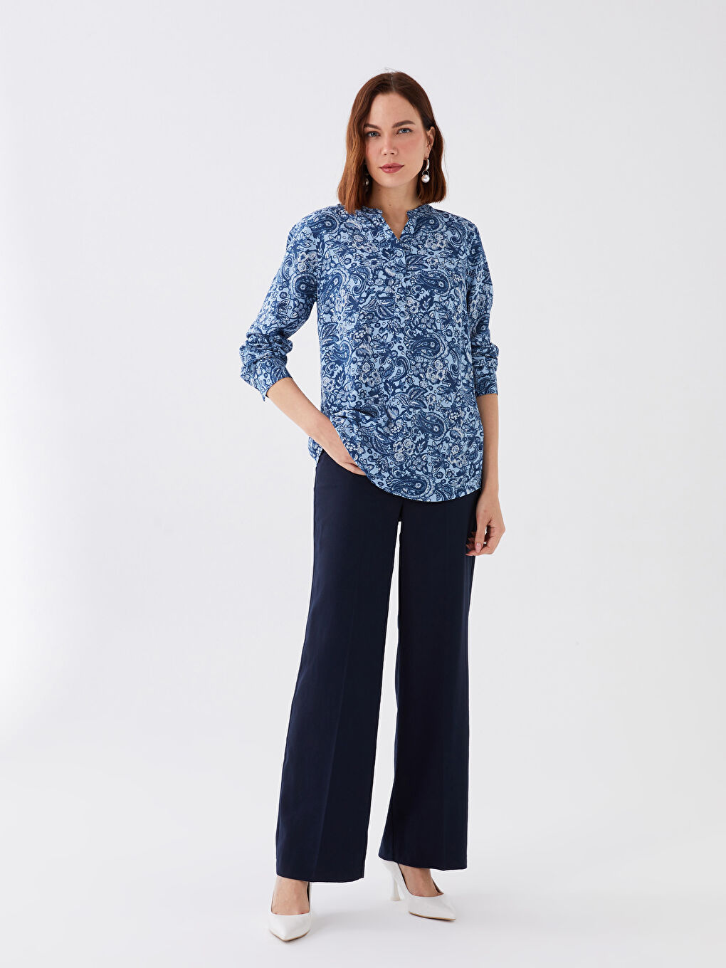 LCW Grace Kerbausschnitt Gemusterte Langarm Damenbluse -S38958Z8-LSG