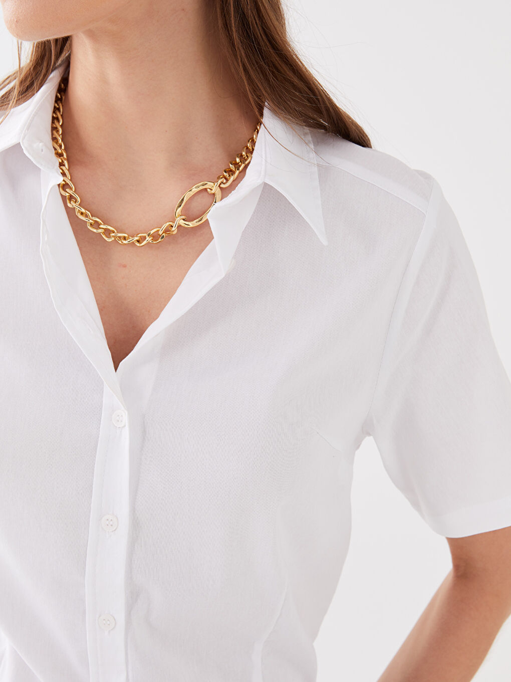 Beyaz Önden Düğmeli Kısa Kollu Kadın Poplin Gömlek-3