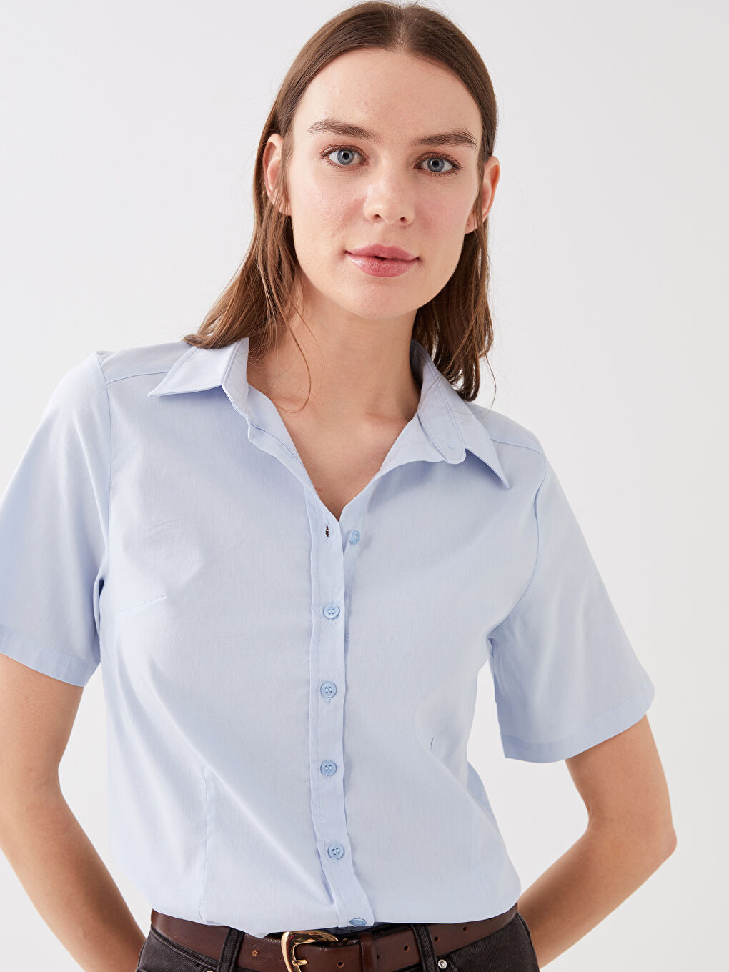 Mavi Önden Düğmeli Kısa Kollu Kadın Poplin Gömlek