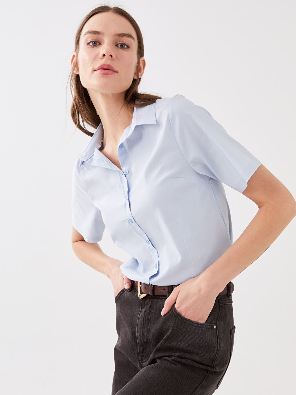 Mavi Önden Düğmeli Kısa Kollu Kadın Poplin Gömlek-1