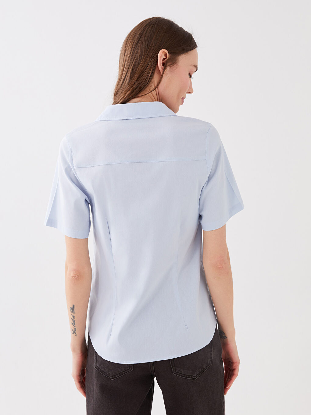 Mavi Önden Düğmeli Kısa Kollu Kadın Poplin Gömlek-4