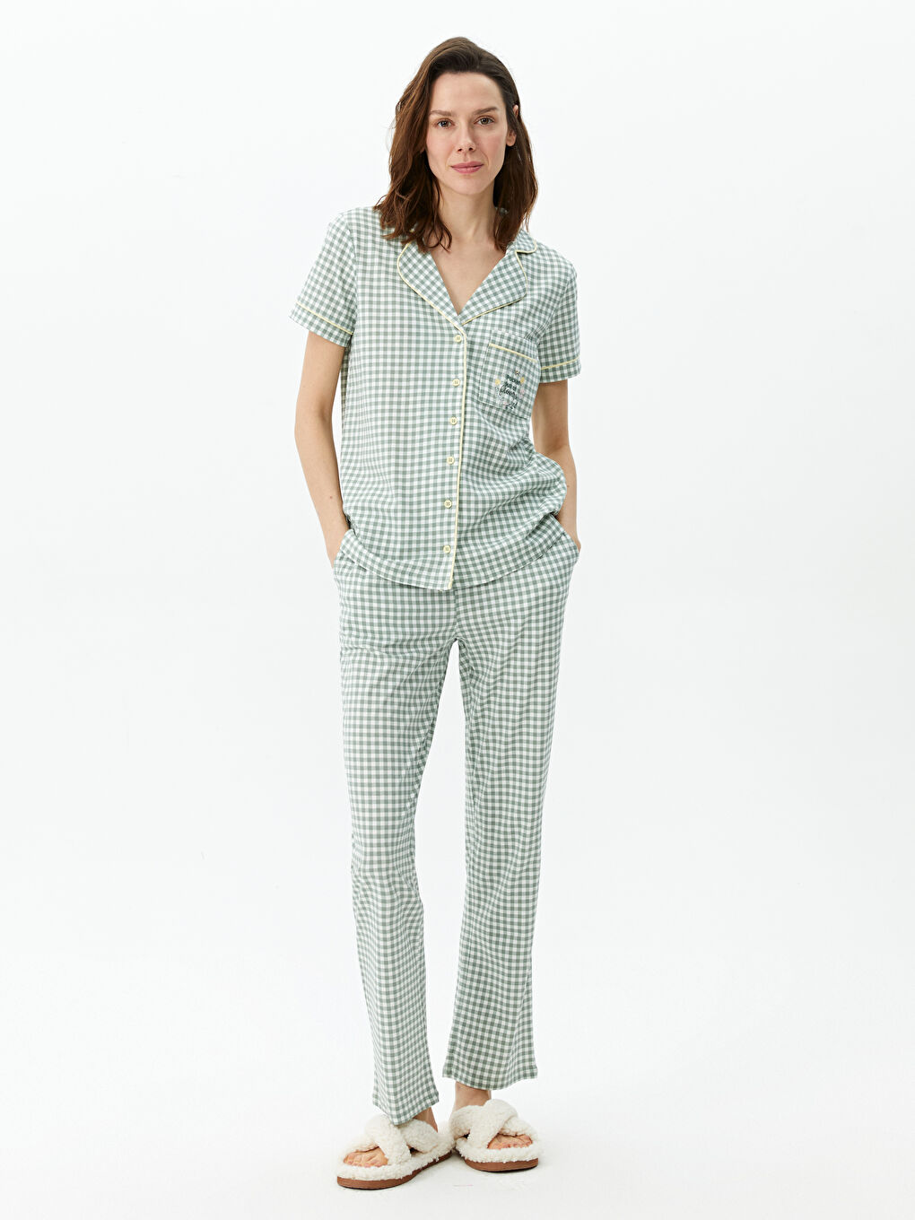 LCW DREAM Shirt Collar Plaid Short Sleeve Women's Pajamas Set -S39064Z8-LPK