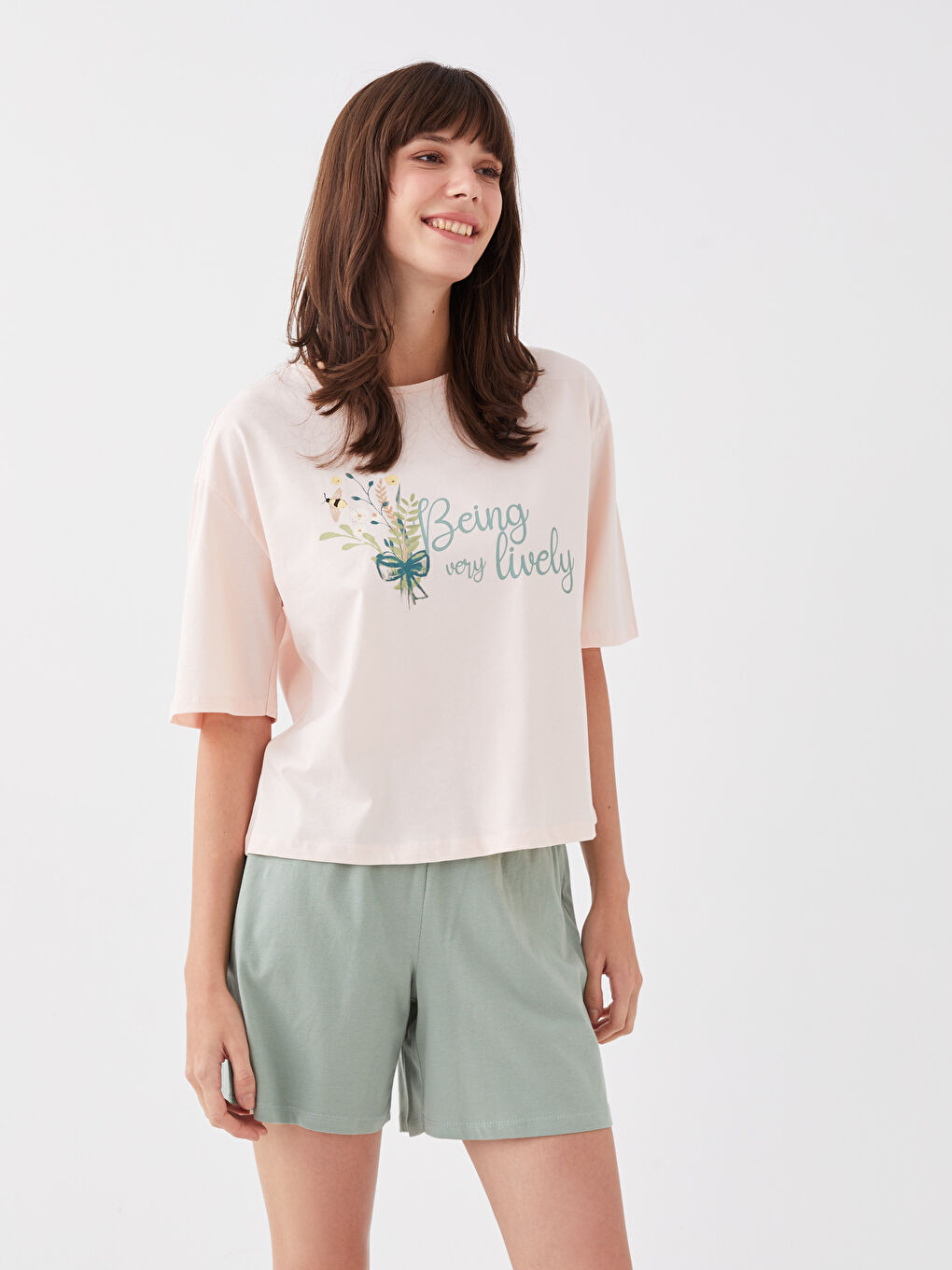 Crew Neck Printed Short Sleeve Women's Short Pyjamas Set