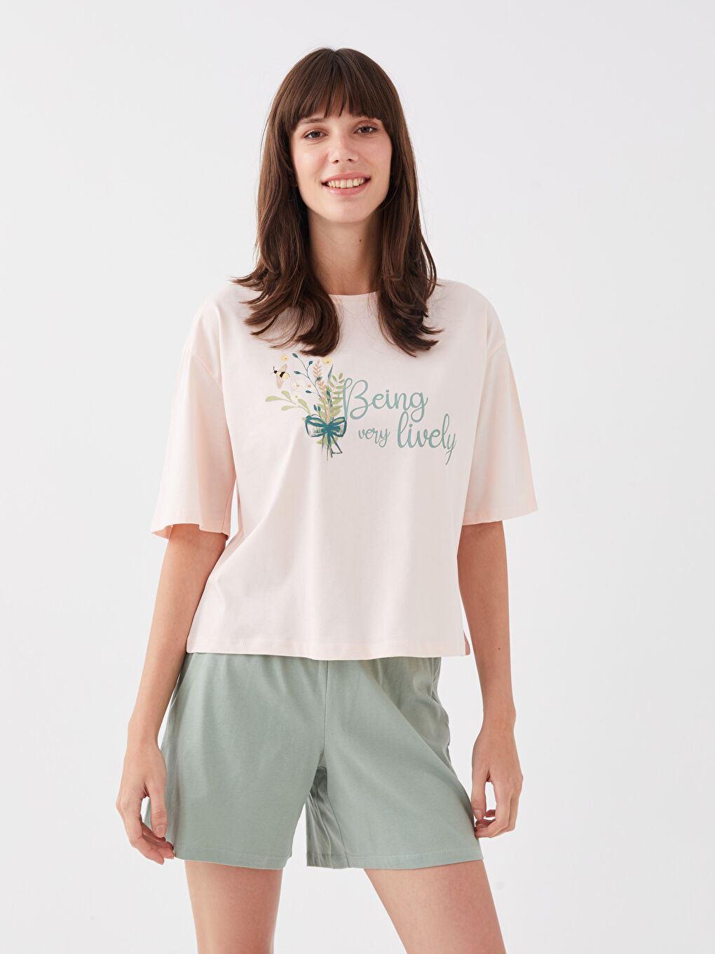 Crew Neck Printed Short Sleeve Women's Short Pyjamas Set-1