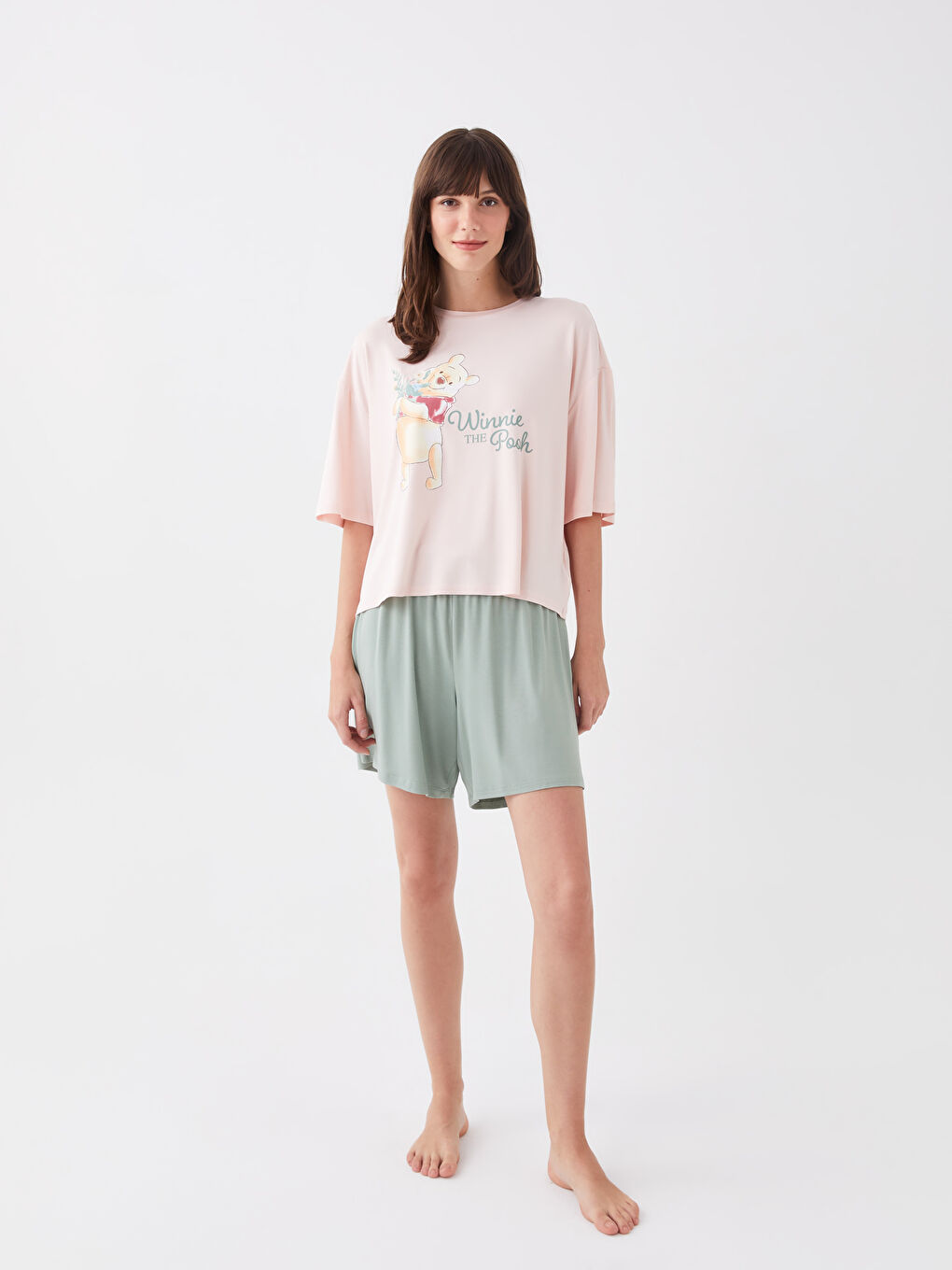 LCW DREAM Crew Neck Winnie the Pooh Printed Short Sleeve Women's Shorts Pajamas Set -S39067Z8-GC8