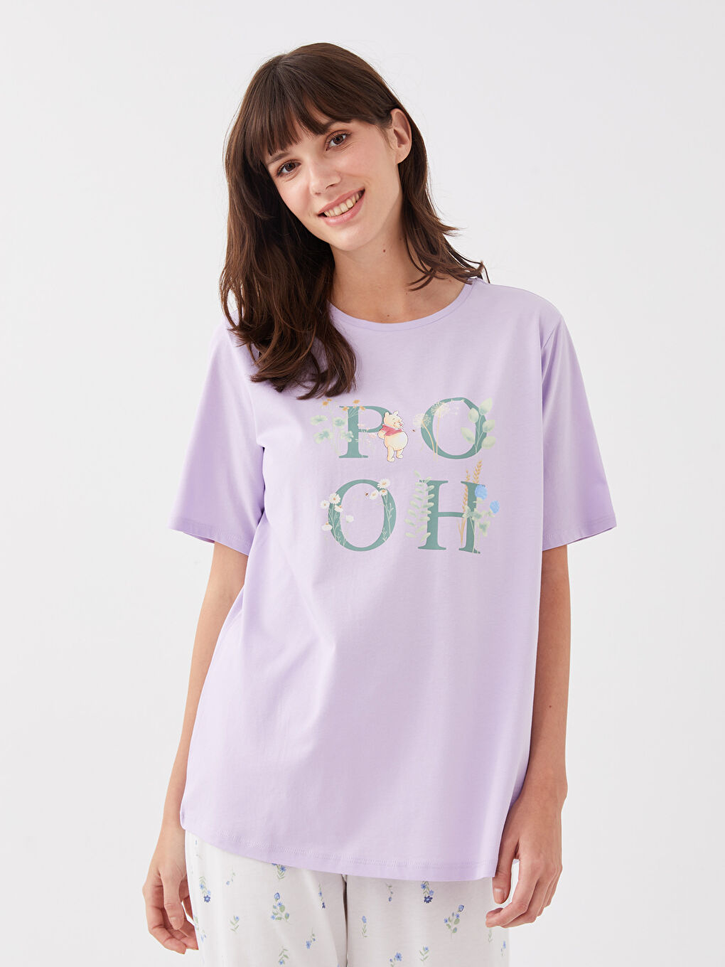 Ekru Bisiklet Yaka Desenli Kısa Kollu Kadın Pijama Takımı-1