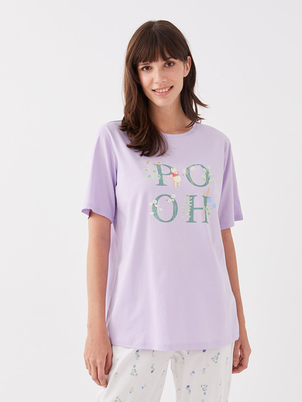 Ekru Bisiklet Yaka Desenli Kısa Kollu Kadın Pijama Takımı-2