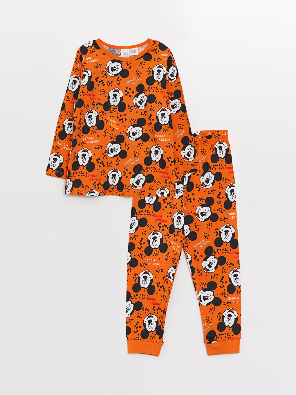 Turuncu Bisiklet Yaka Uzun Kollu Mickey Mouse Baskılı Erkek Bebek Pijama Takımı