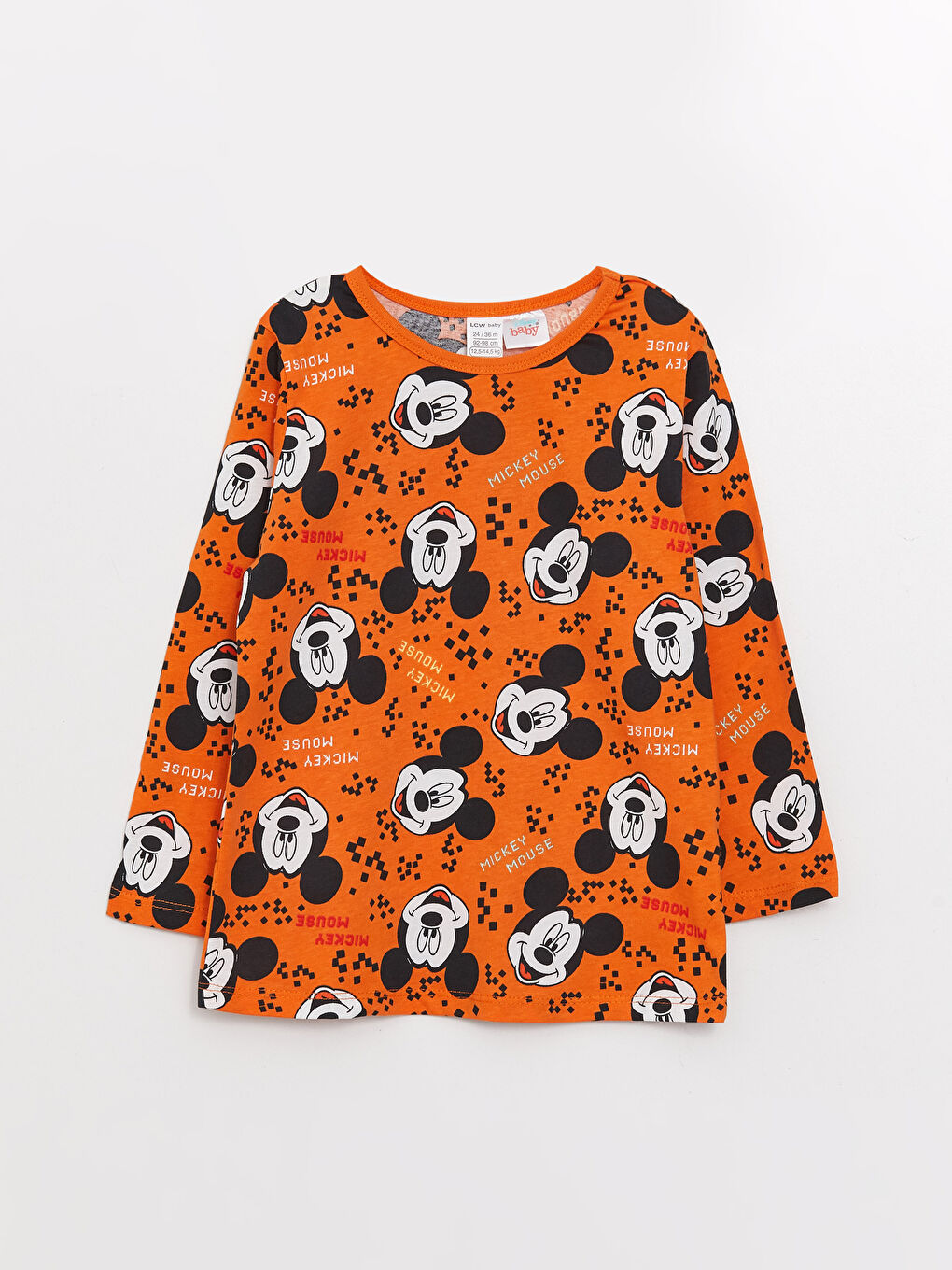 Turuncu Bisiklet Yaka Uzun Kollu Mickey Mouse Baskılı Erkek Bebek Pijama Takımı-1