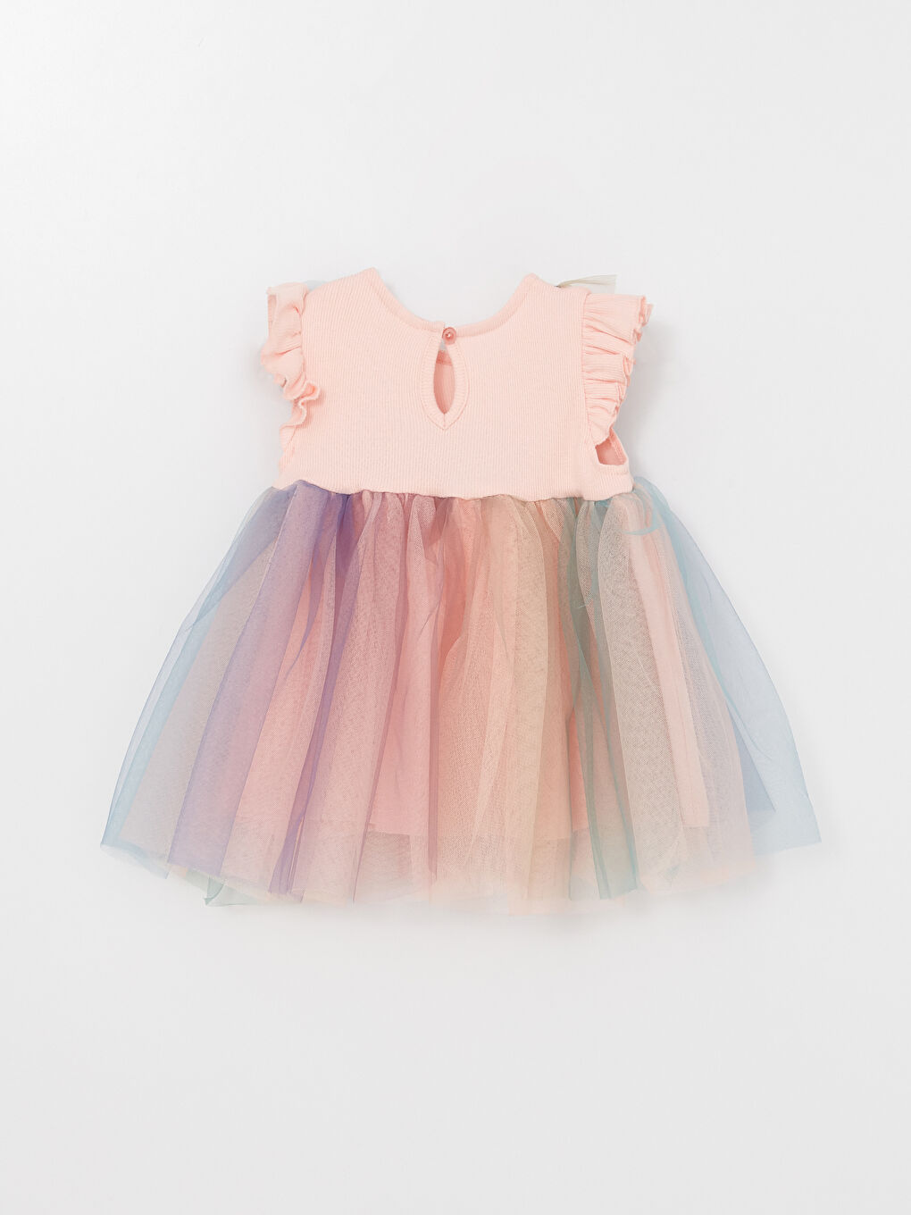 Pembe Bisiklet Yaka Tül Detaylı Kız Bebek Elbise-2