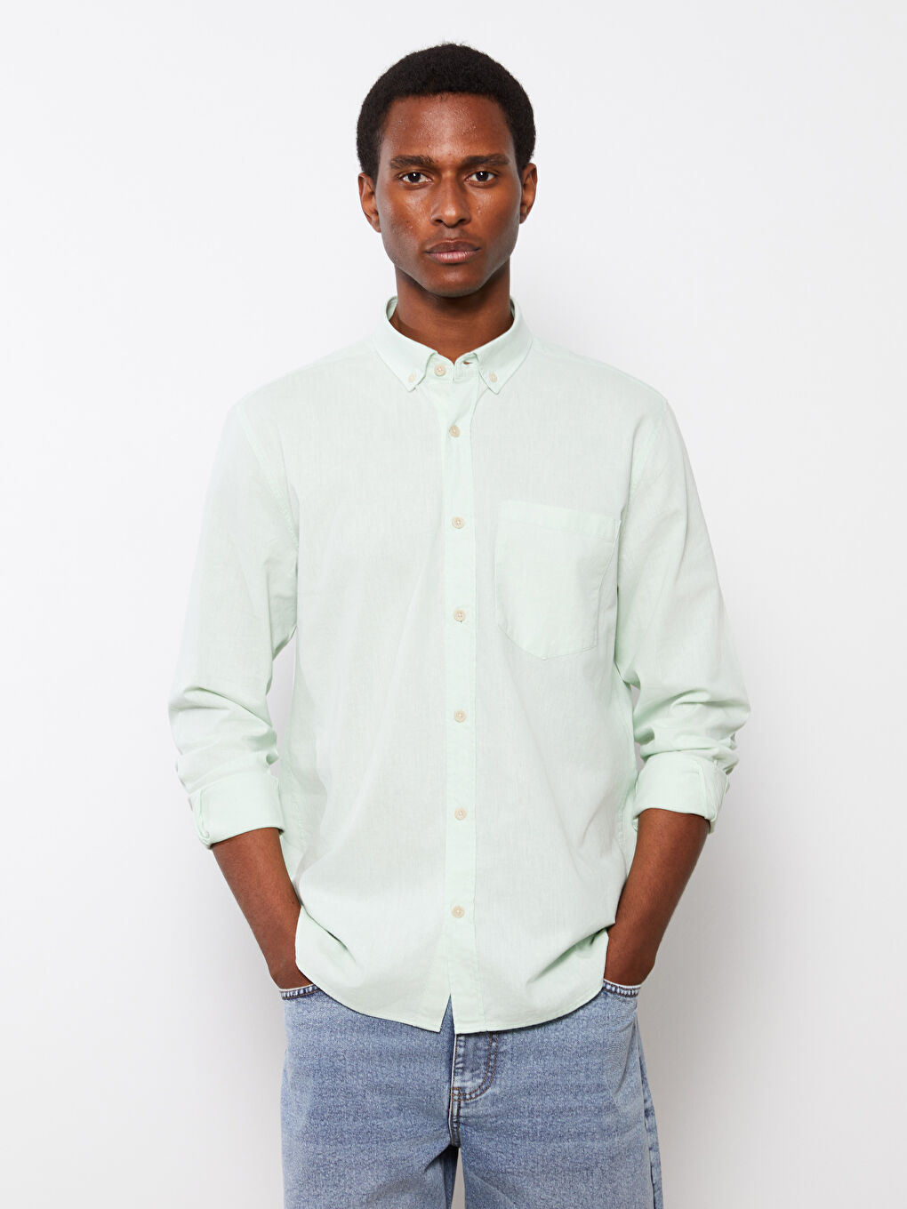 Regular Fit Long Sleeve Linen Blend Men's Shirt