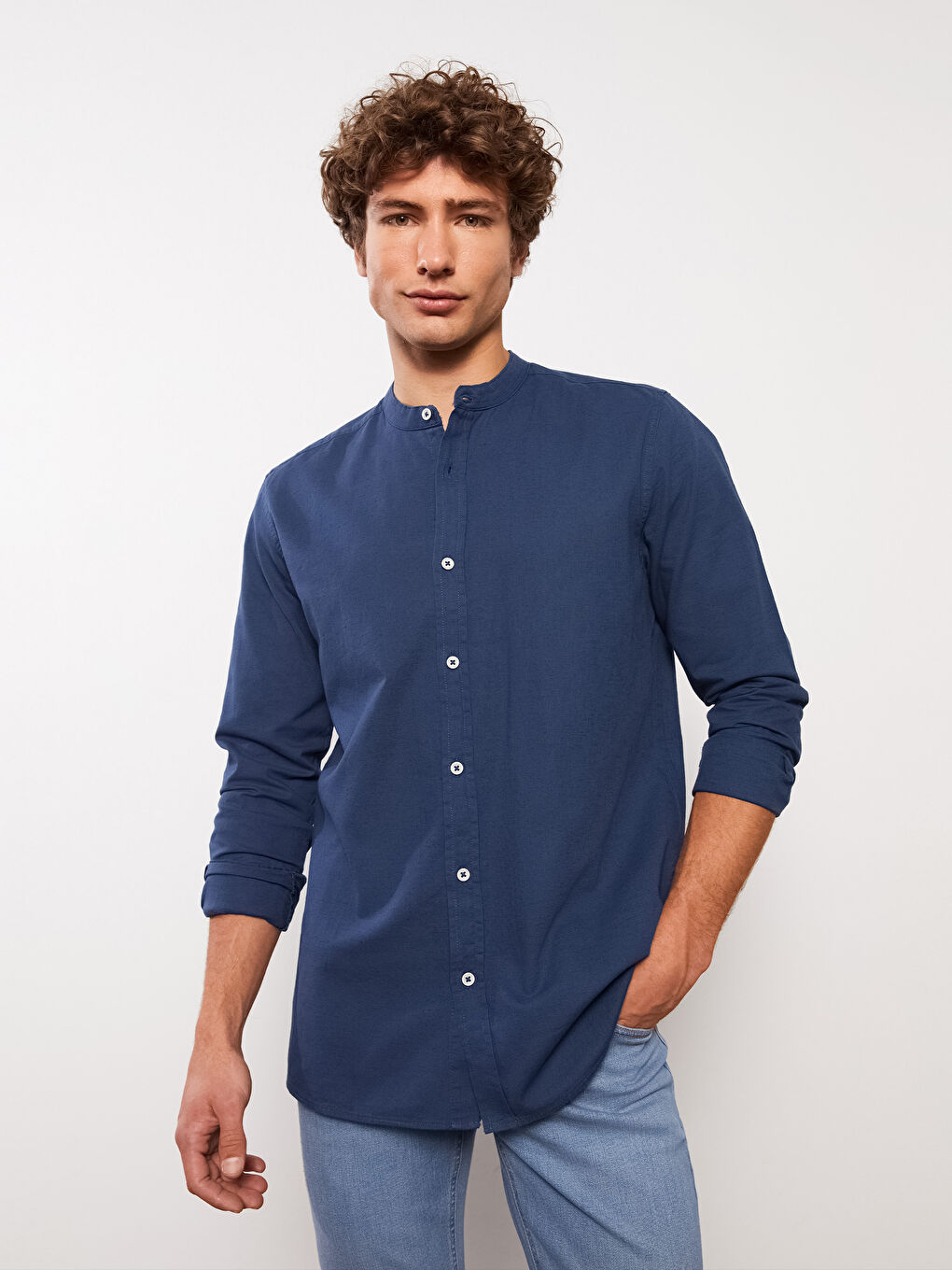 Lacivert Regular Fit Uzun Kollu Keten Karışımlı Erkek Gömlek