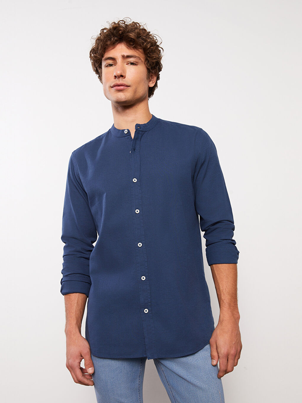 Lacivert Regular Fit Uzun Kollu Keten Karışımlı Erkek Gömlek-1