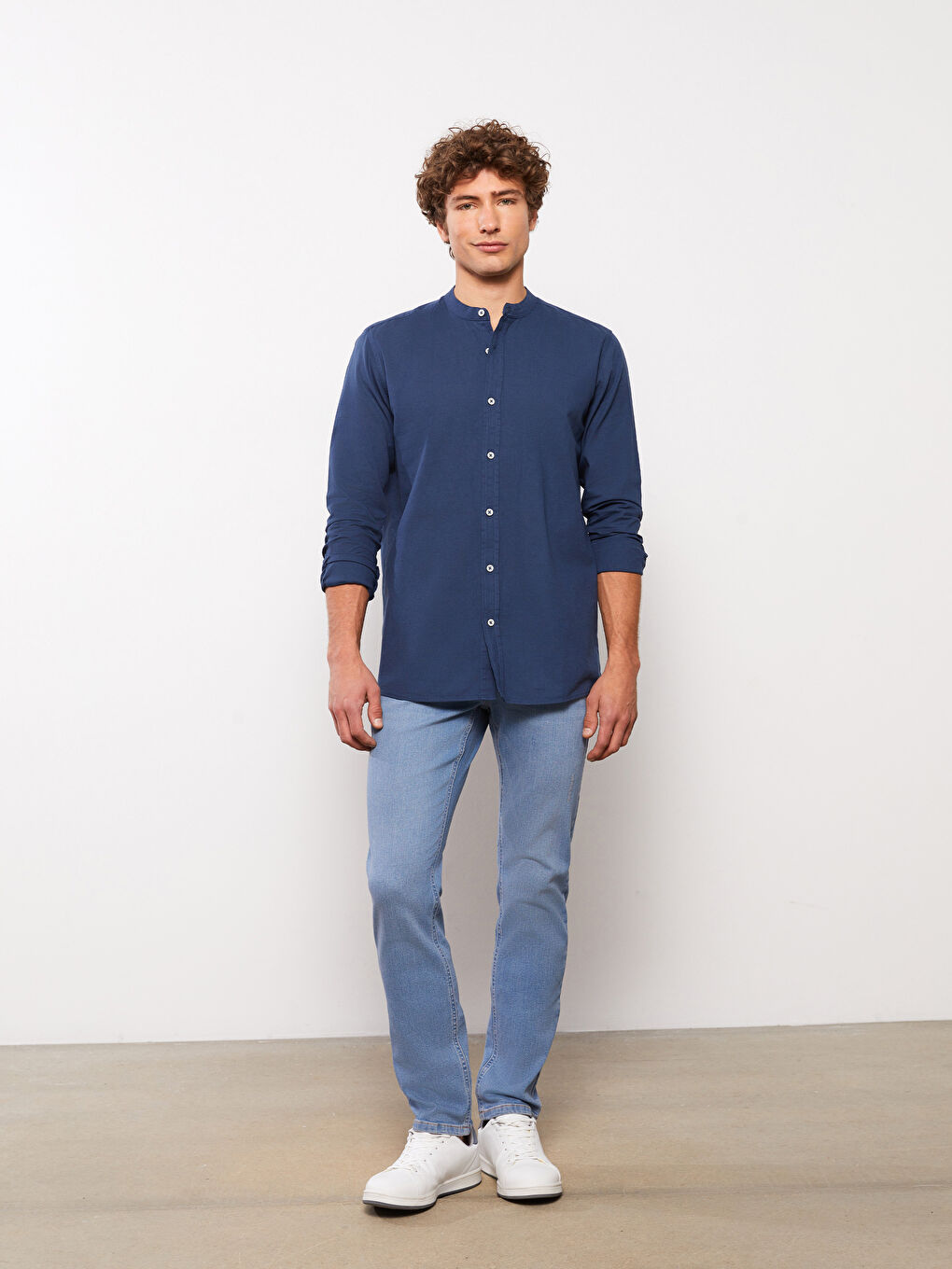 Lacivert Regular Fit Uzun Kollu Keten Karışımlı Erkek Gömlek-2