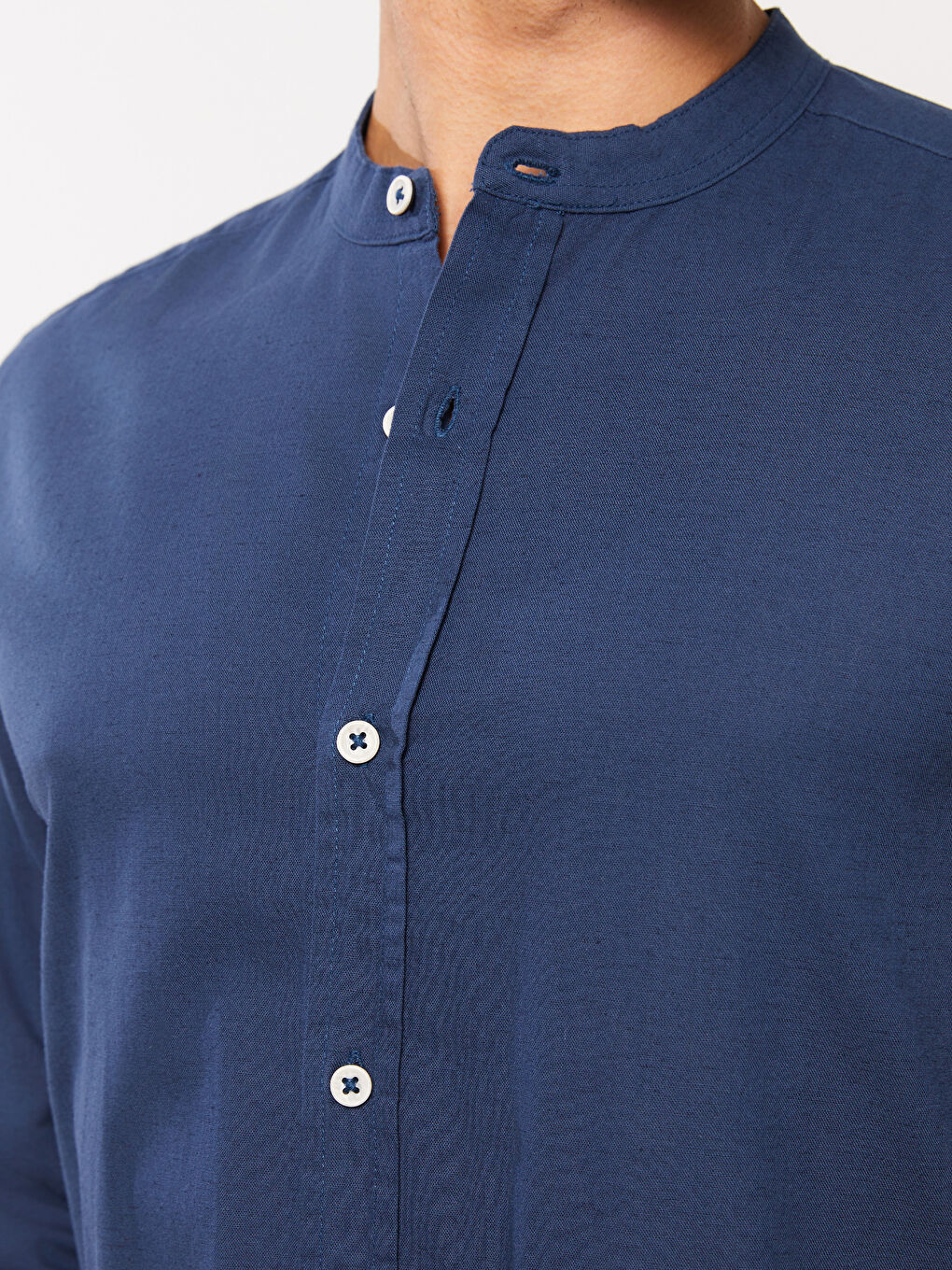 Lacivert Regular Fit Uzun Kollu Keten Karışımlı Erkek Gömlek-3