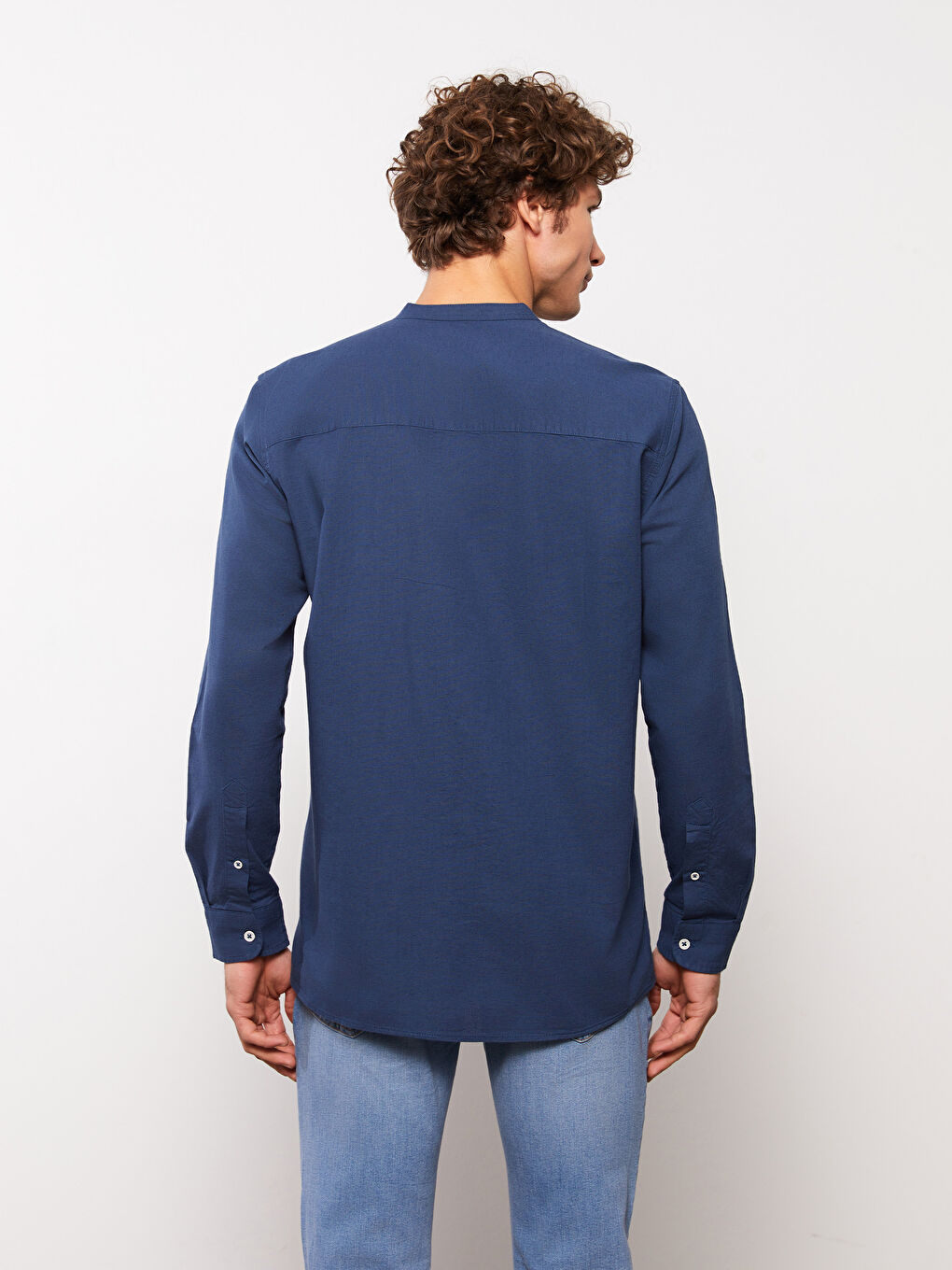 Lacivert Regular Fit Uzun Kollu Keten Karışımlı Erkek Gömlek-4