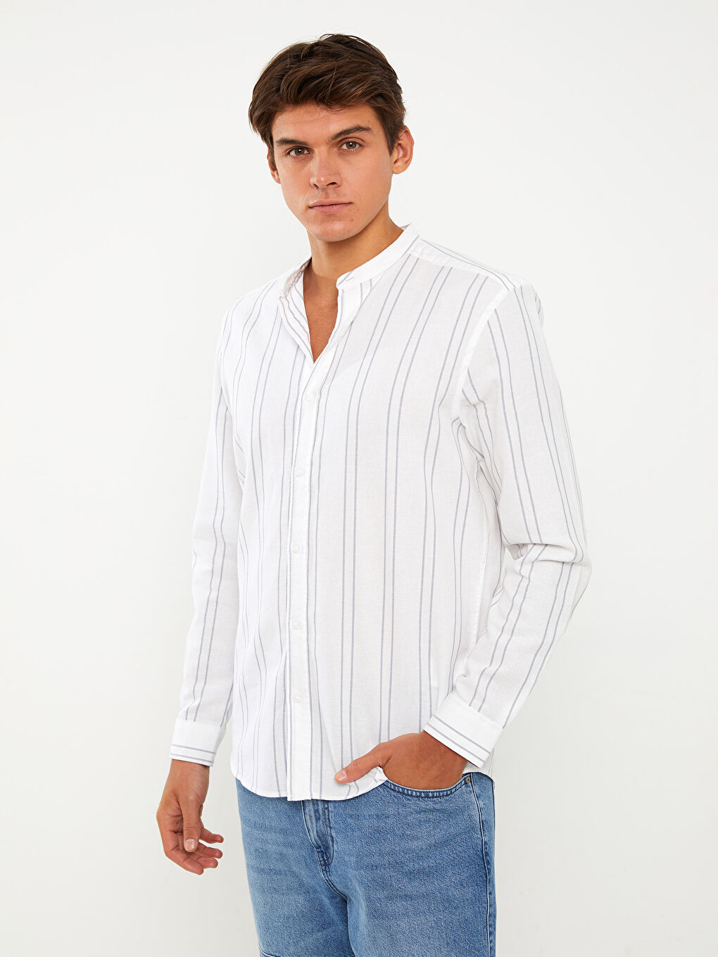 XSIDE Regular Fit Long Sleeve Striped Linen Blend Men's Shirt -S39192Z8-LRZ