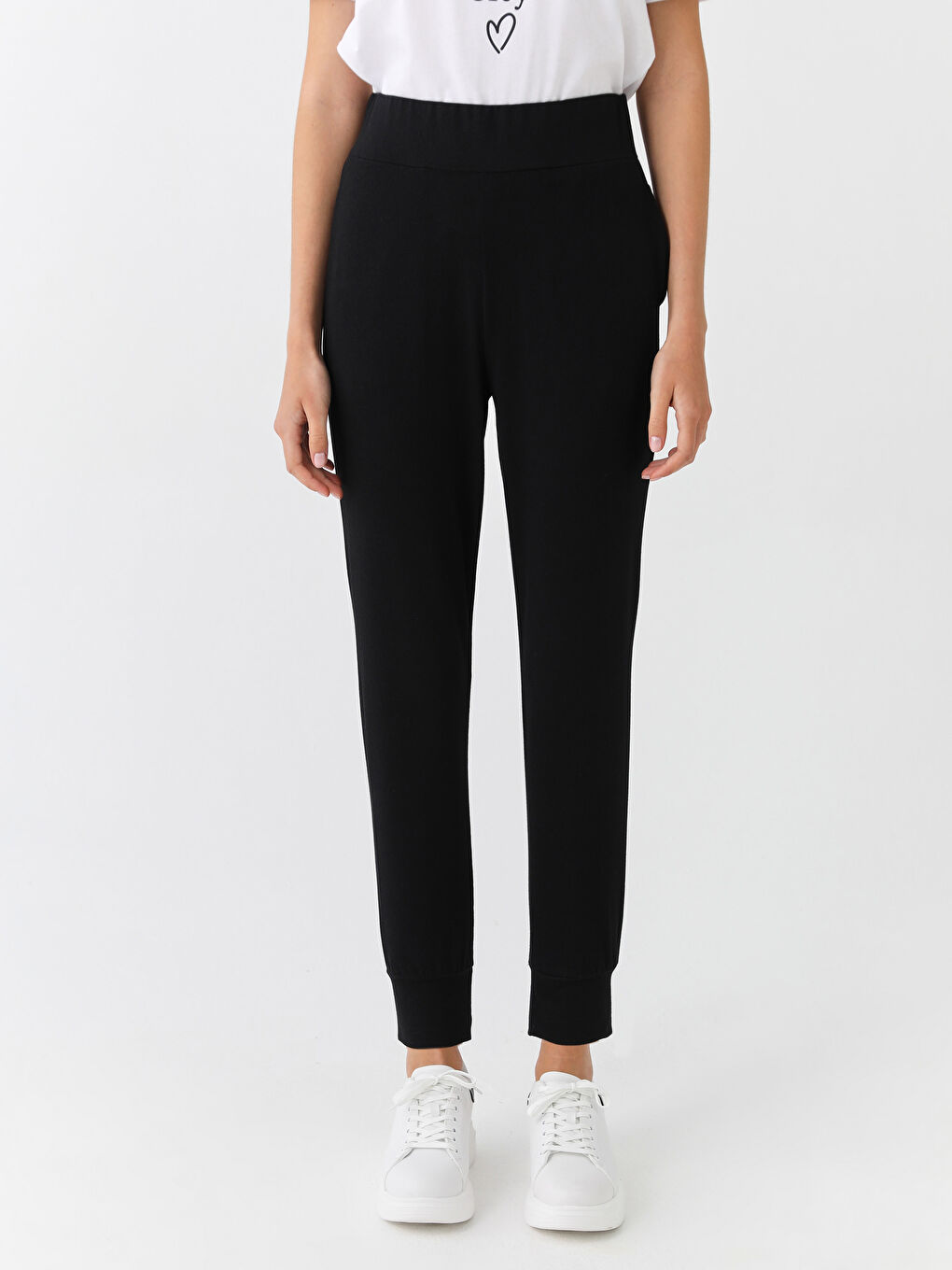 Siyah Kadın Beli Lastikli Düz Jogger Eşofman Altı-3