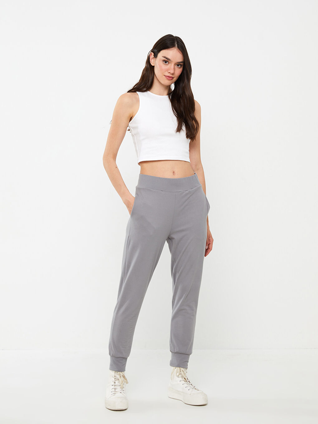 Gri Kadın Beli Lastikli Düz Jogger Eşofman Altı