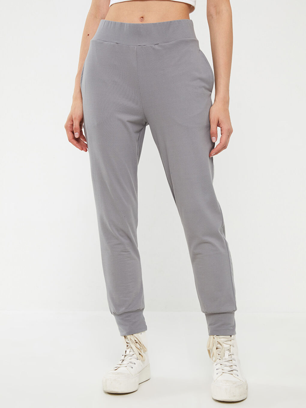 Gri Kadın Beli Lastikli Düz Jogger Eşofman Altı-3