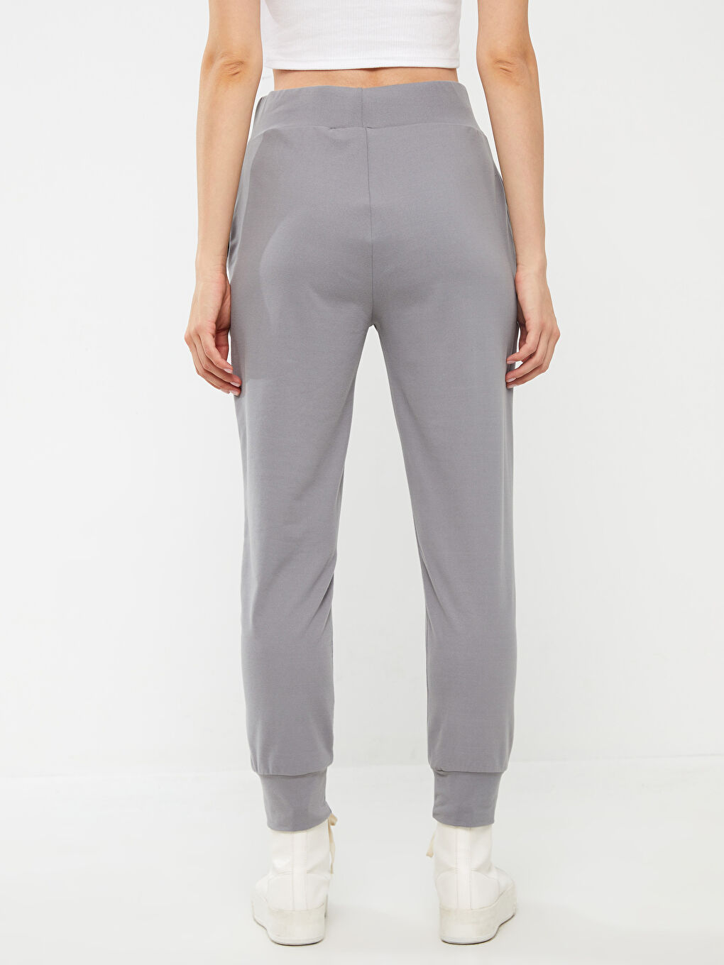 Gri Kadın Beli Lastikli Düz Jogger Eşofman Altı-4