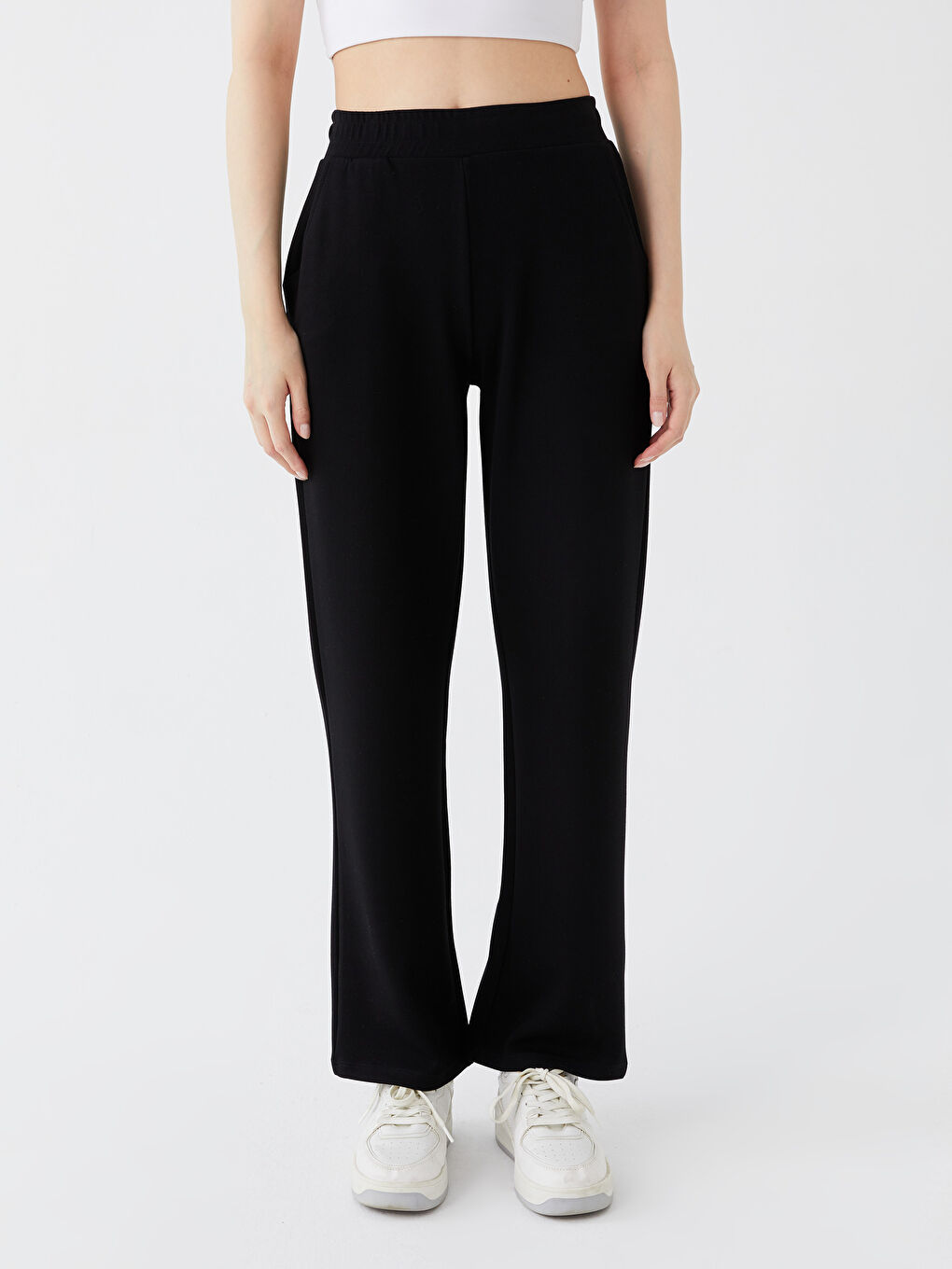 Siyah Beli Lastikli Düz Geniş Paça Kadın Eşofman Altı-2