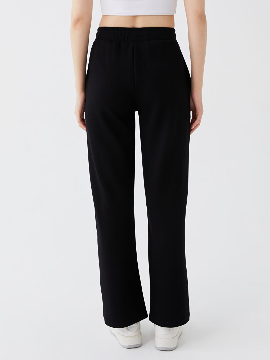 Siyah Beli Lastikli Düz Geniş Paça Kadın Eşofman Altı-3