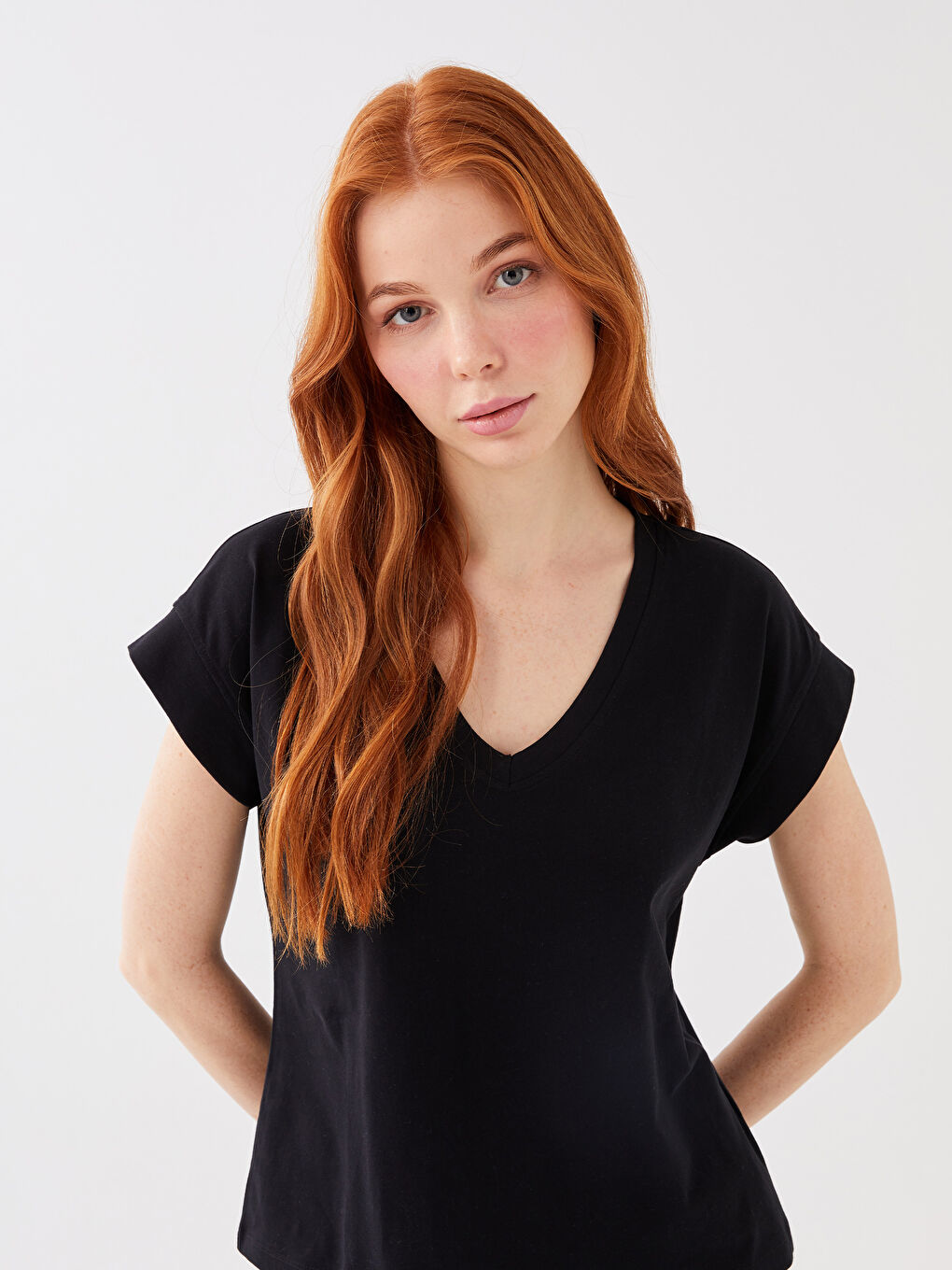 V-Neck Plain Short Sleeve Women's T-Shirt