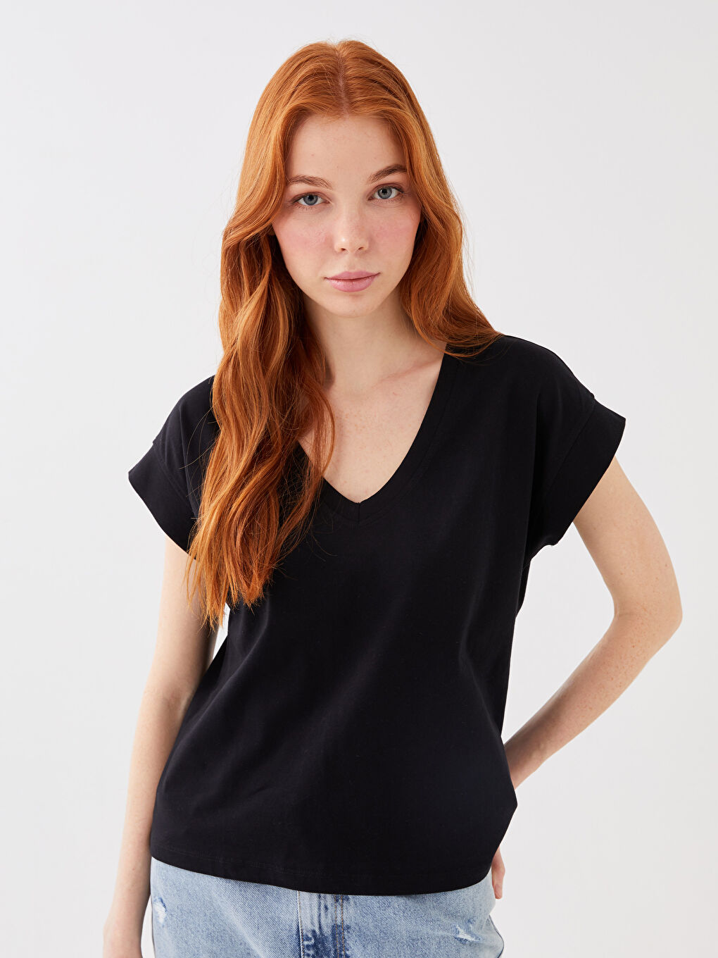V-Neck Plain Short Sleeve Women's T-Shirt-1