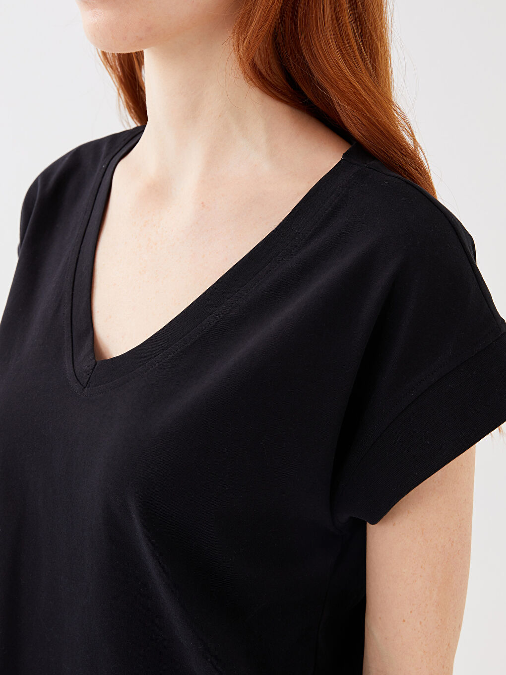 V-Neck Plain Short Sleeve Women's T-Shirt-3