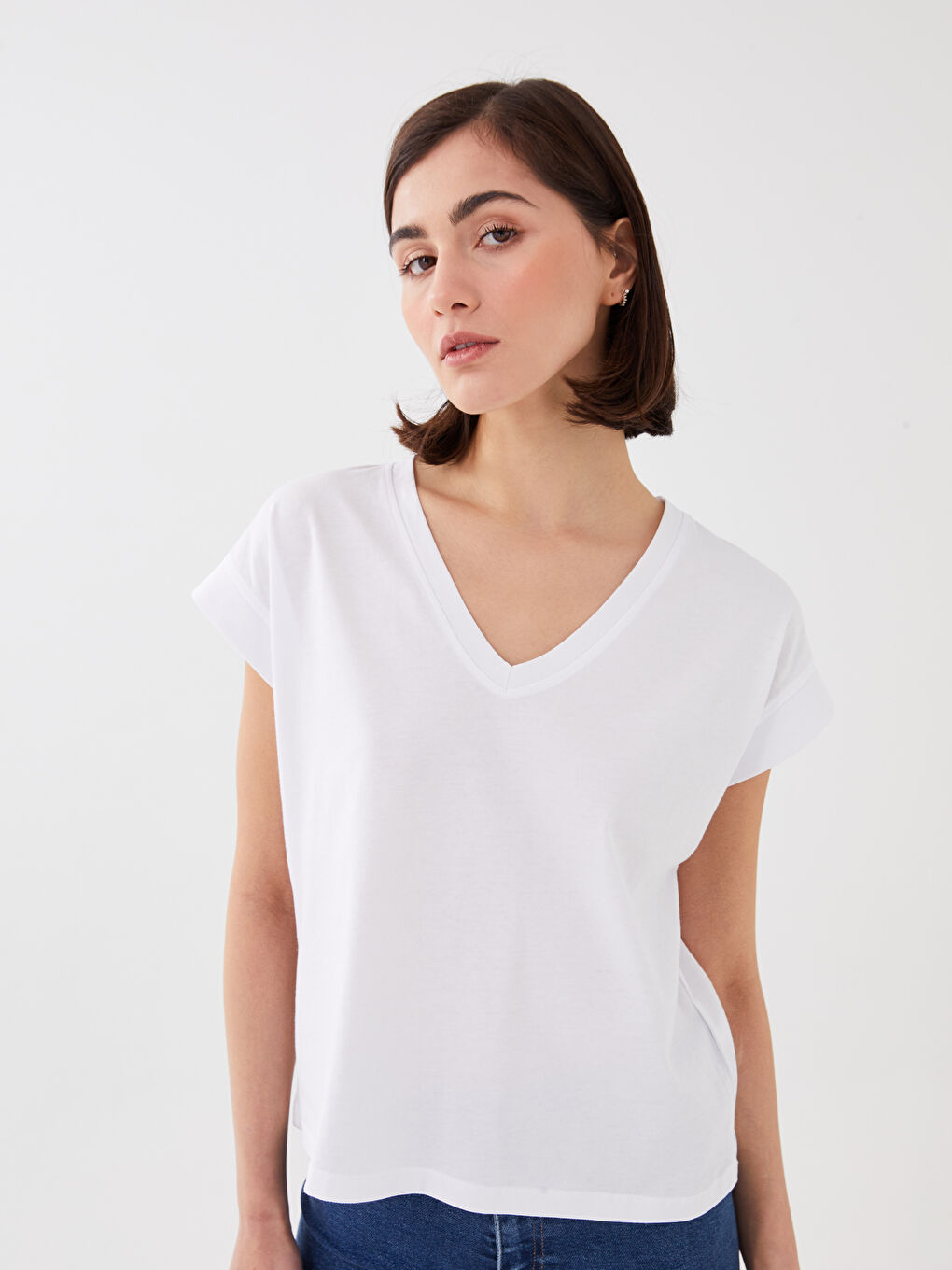 әйелдерге арналған v жағалы өрнексіз қысқа жең футболка-3